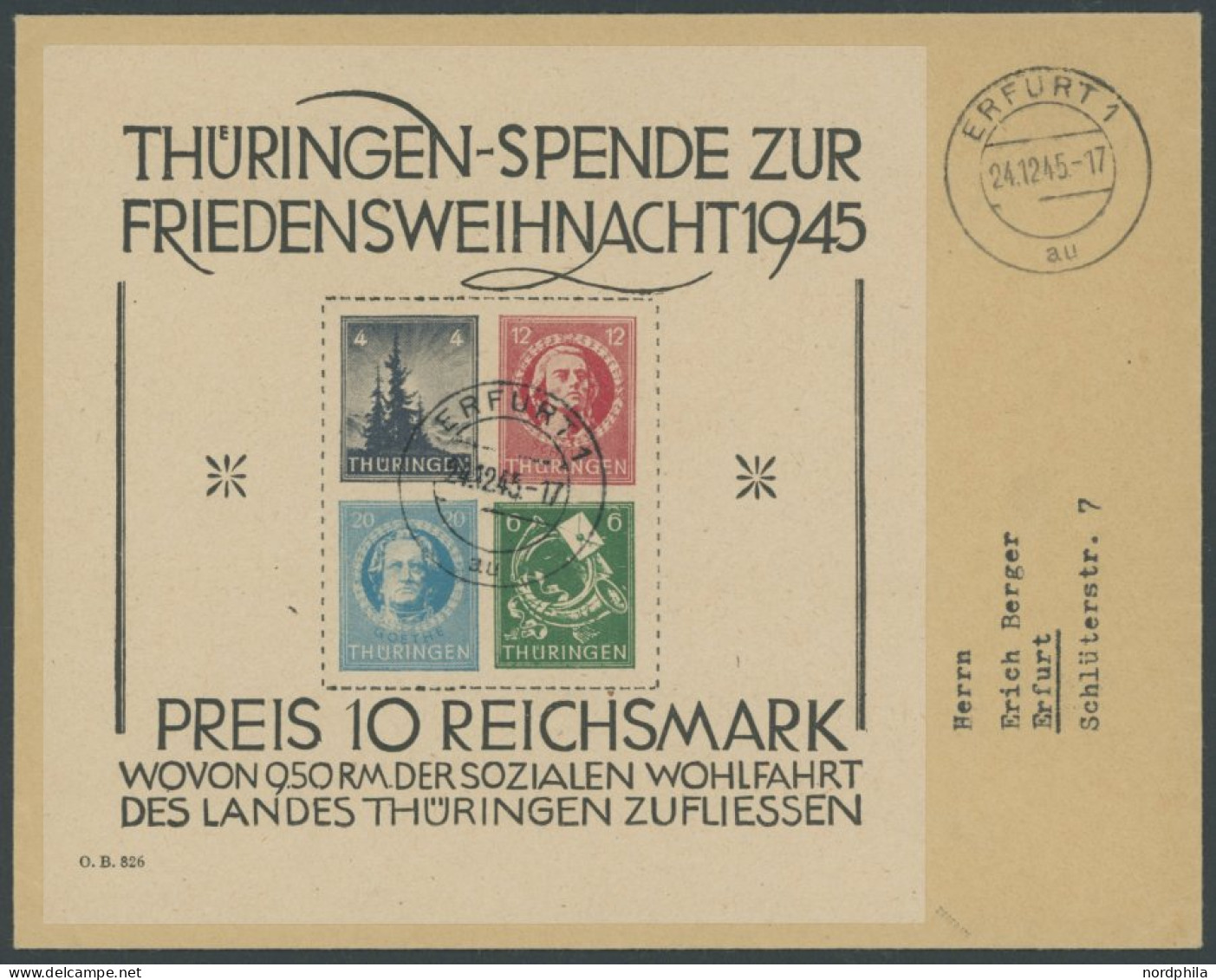 THÜRINGEN Bl. 2t BrfStk, 1945, Block Weihnachten, Gelblichgraues Papier, Type III, Mit Stempel ERFURT 1au Auf Umschlag,  - Andere & Zonder Classificatie