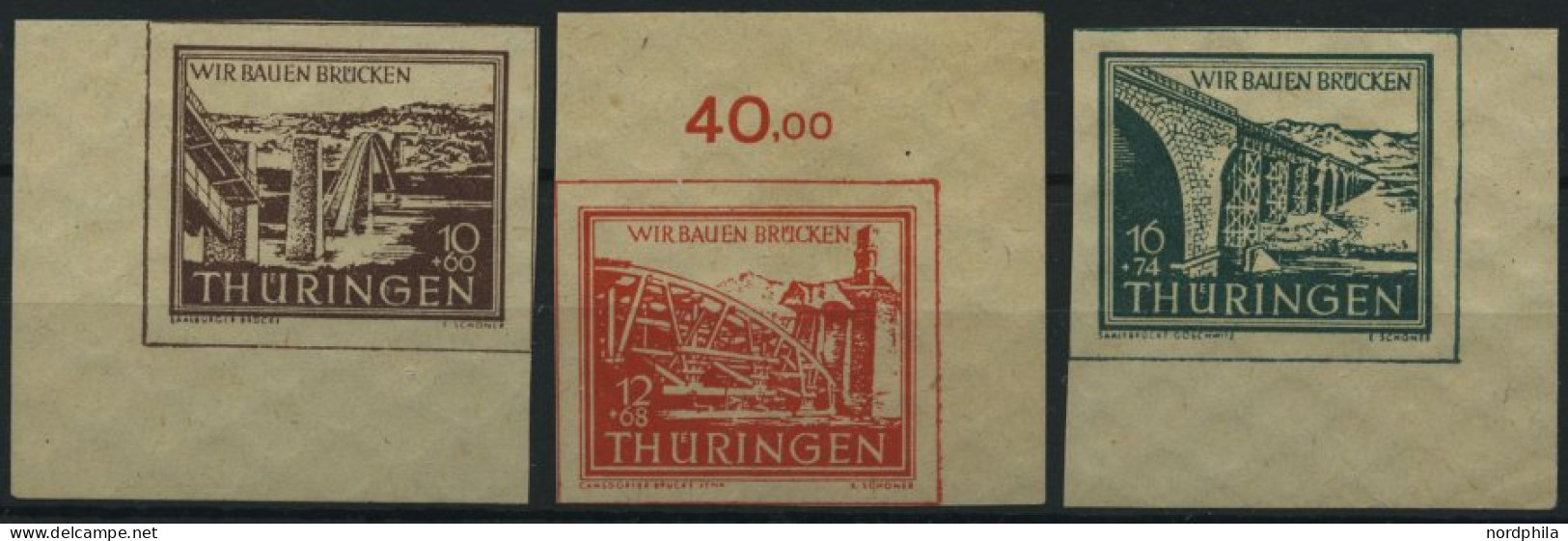 THÜRINGEN 112-14yy , 1946, 10 - 16 Pf. Wiederaufbau, Dünnes Papier, Je Aus Der Bogenecke, 3 Prachtwerte, Gepr. Ströh/Jas - Andere & Zonder Classificatie