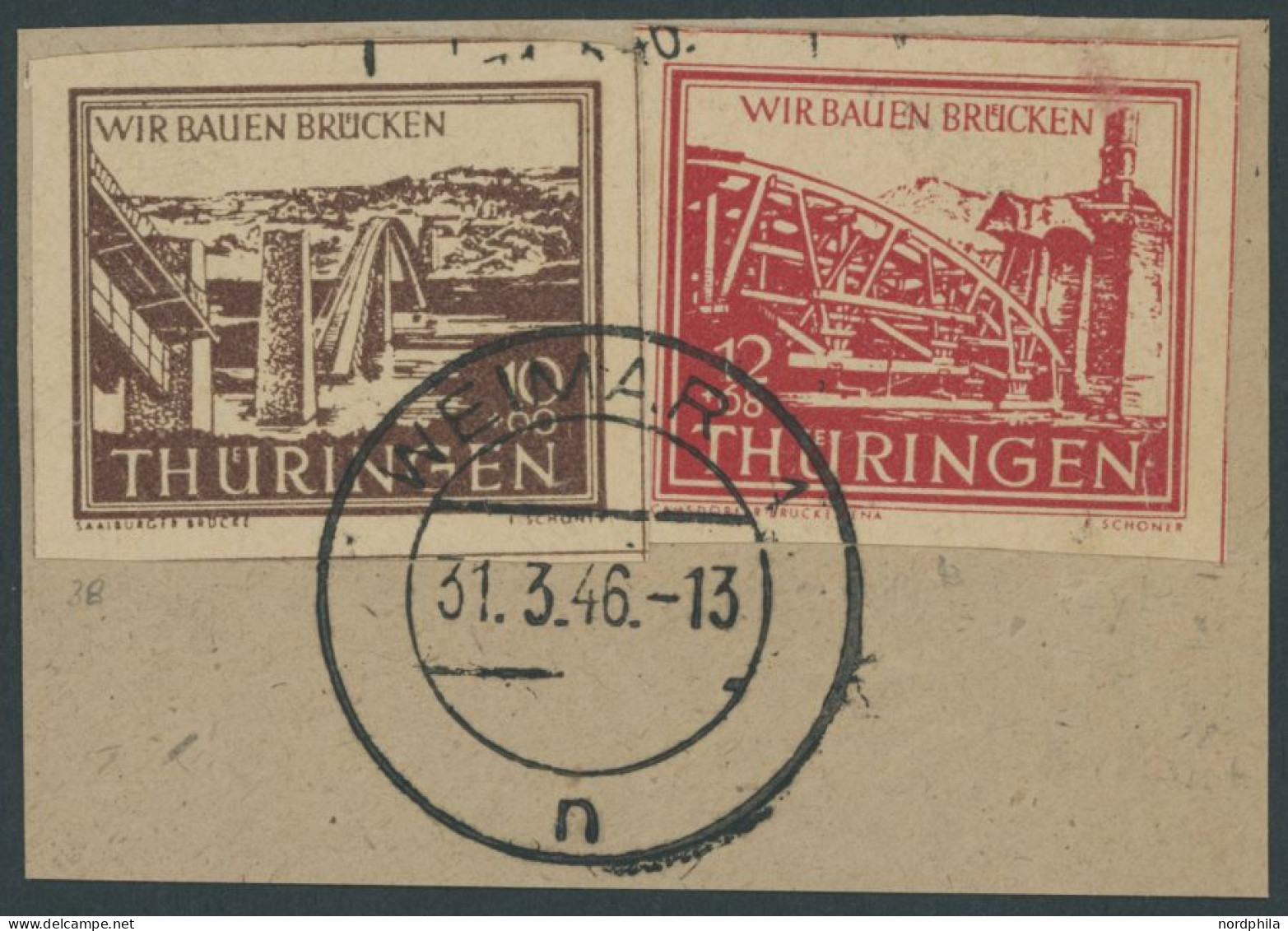 THÜRINGEN 113by BrfStk, 1946, 12 Pf. Rot Wiederaufbau, Mit Nr. 112y Auf Briefstück, Feinst, Gepr. Schulz, Mi. 312.- - Sonstige & Ohne Zuordnung