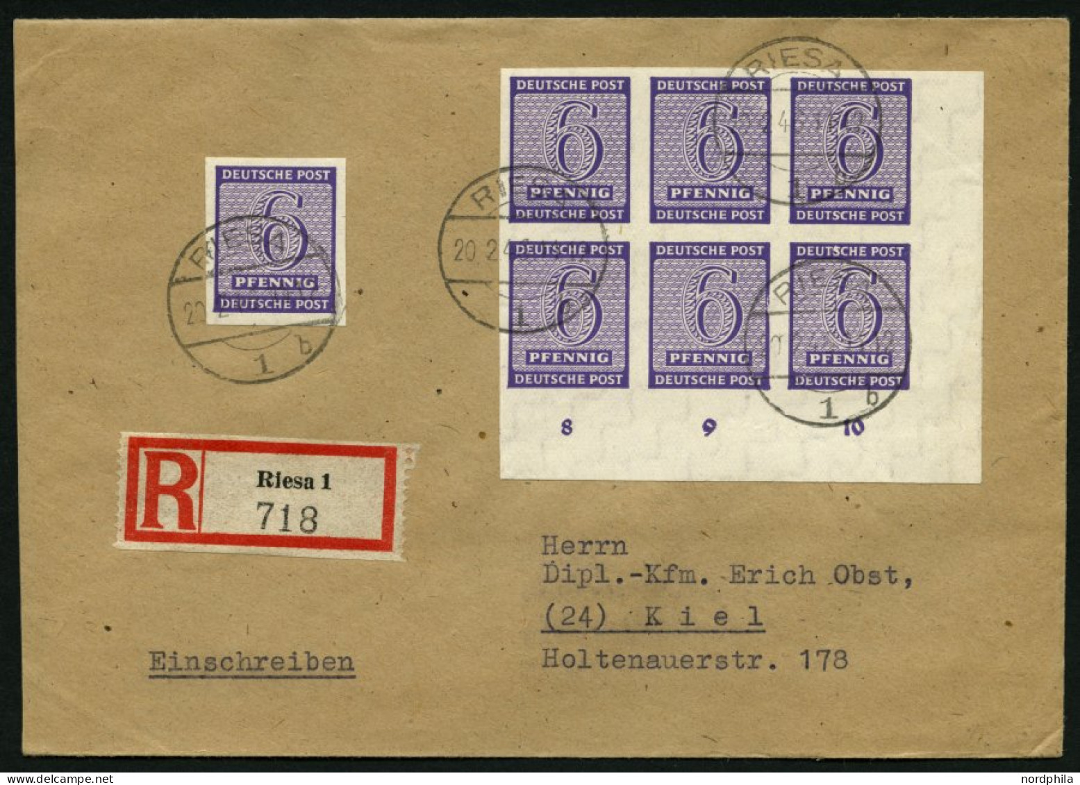 WEST-SACHSEN 117Xa BRIEF, 1945, 6 Pf. Grauviolett, Wz.1X, Sechserblock Und Einzelmarke Als Mehrfachfrankatur Auf Einschr - Autres & Non Classés