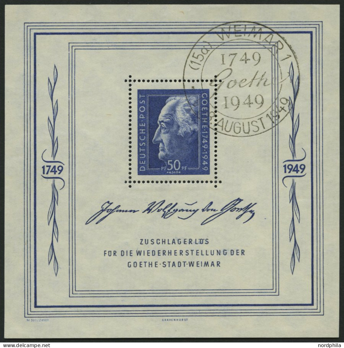 ALLGEMEINE-AUSGABEN Bl. 6 O, 1949, Block Goethe, Sonderstempel WEIMAR, Pracht, Mi. 300.- - Sonstige & Ohne Zuordnung