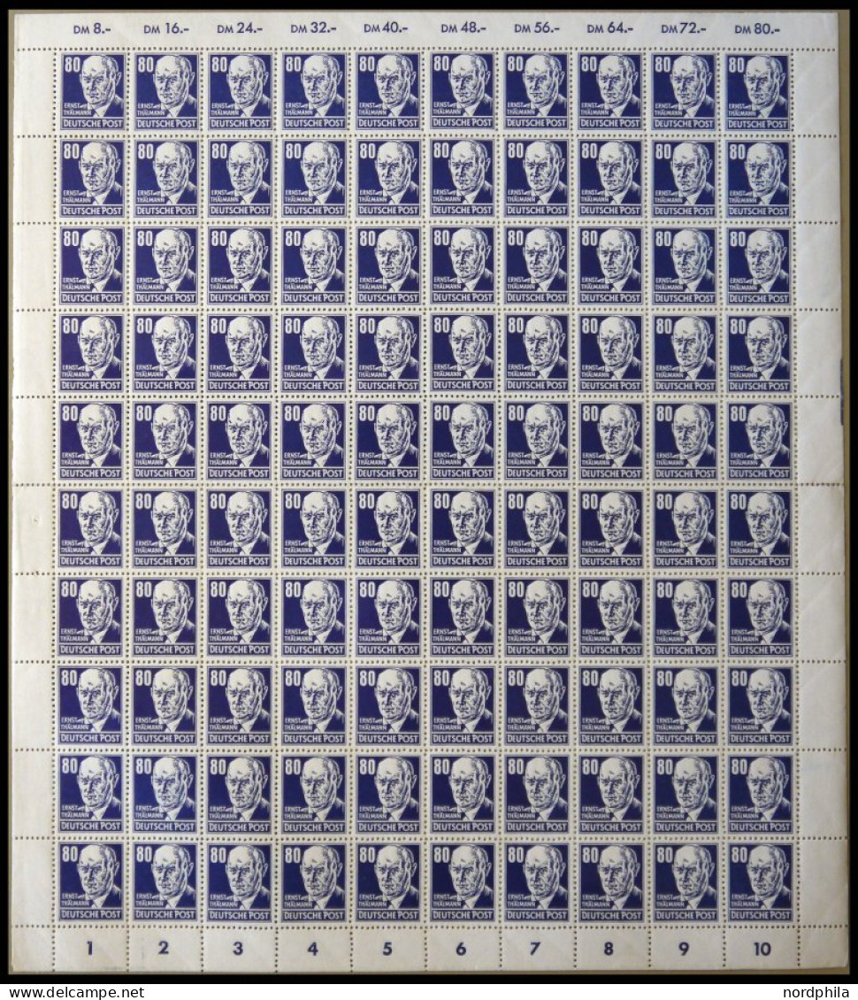 DDR 339vaXI , 1952, 80 Pf. Thälmann, Gestrichenes Papier, Wz. 2XI, Im Bogen (100), Dabei 2x Plattenfehler 339PFIII (Feld - Gebruikt