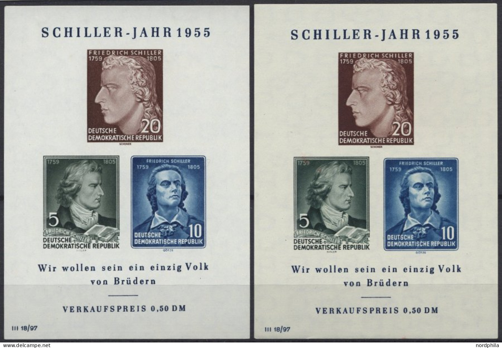 DDR Bl. 12IV , 1955, Block Schiller Mit Abart Vorgezogener Fußstrich Bei J, Beide Wz., 2 Prachtblocks - Autres & Non Classés