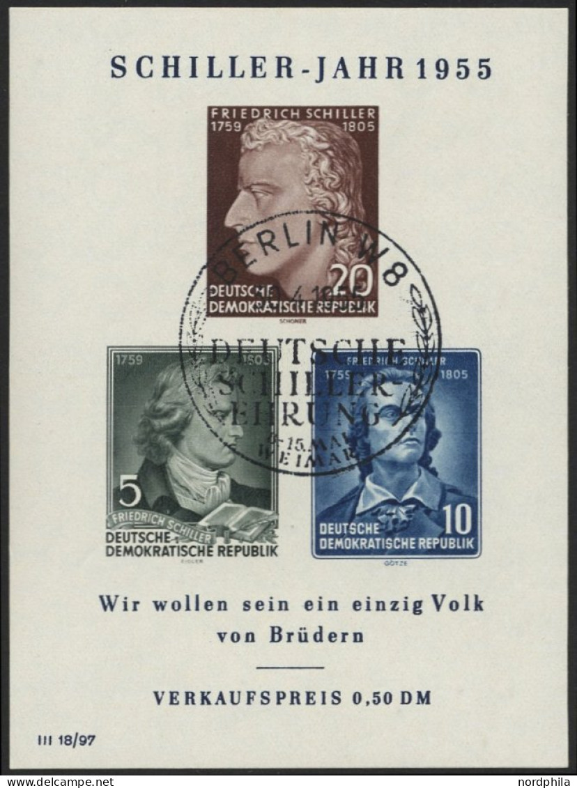 DDR Bl. 12IV O, 1955, Block Schiller Mit Abart Vorgezogener Fußstrich Bei J, Sonderstempel, Pracht, Mi. 80.- - Andere & Zonder Classificatie