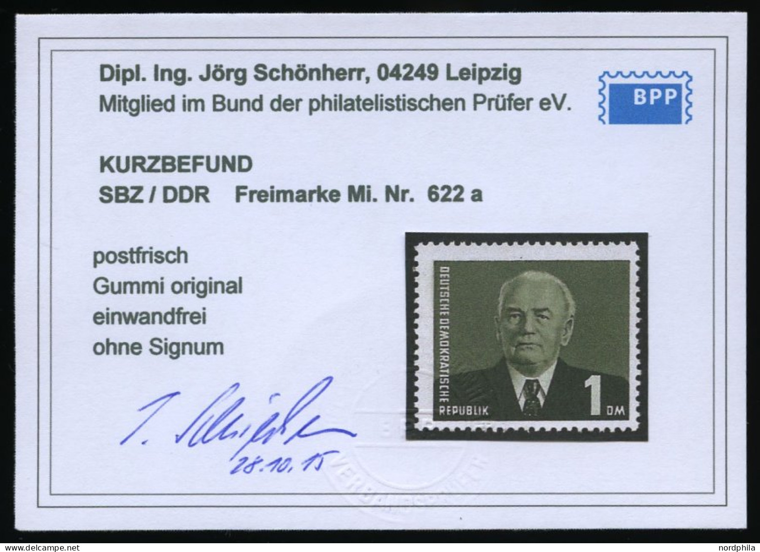 DDR 622a , 1957, 1 DM Schwarzgraugrün Pieck, Wz. 3X, Pracht, Kurzbefund Schönherr, Mi. 400.- - Gebraucht