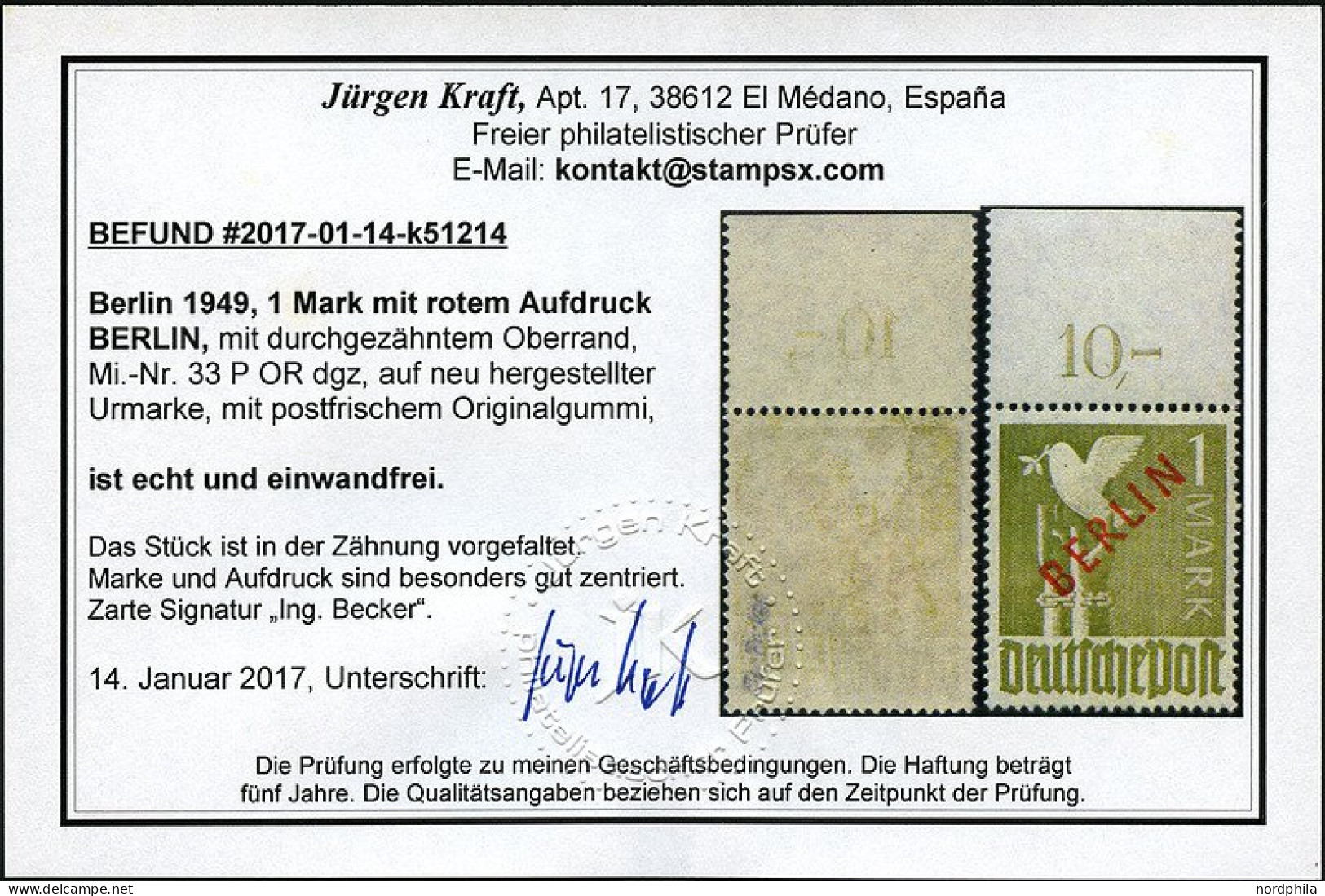 BERLIN 33 P OR , 1949, 1 M. Rotaudruck, Mit Durchgezähntem Oberrand (in Der Perforierung Vorgefaltet), Postfrisch, Prach - Unused Stamps