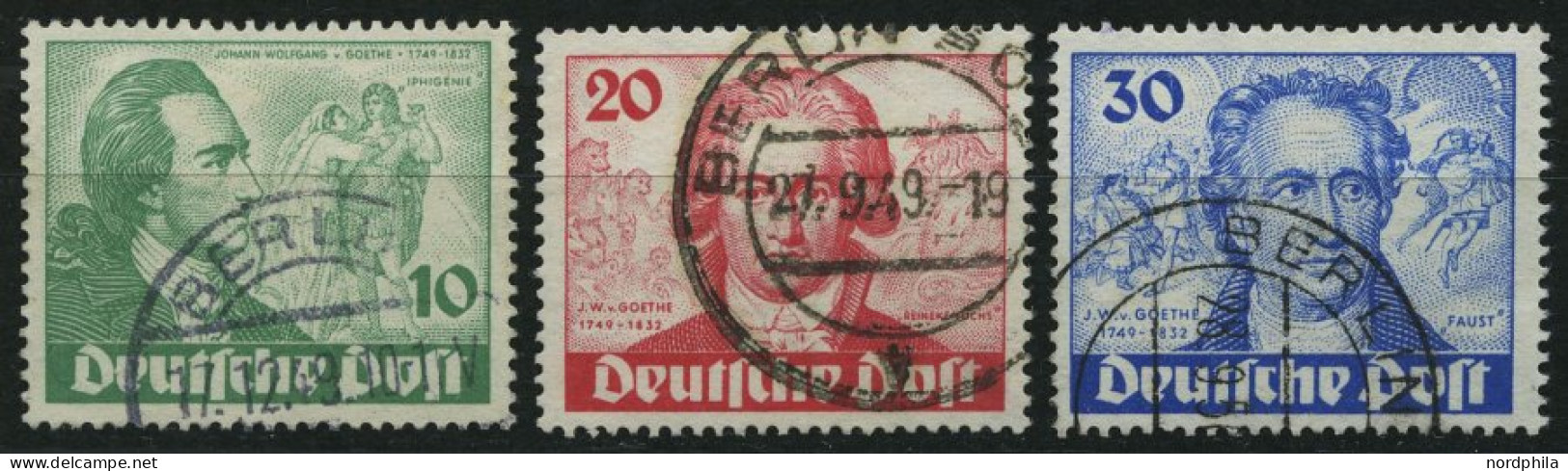 BERLIN 61-63 O, 1949, Goethe, üblich Gezähnter Prachtsatz, Mi. 180.- - Oblitérés