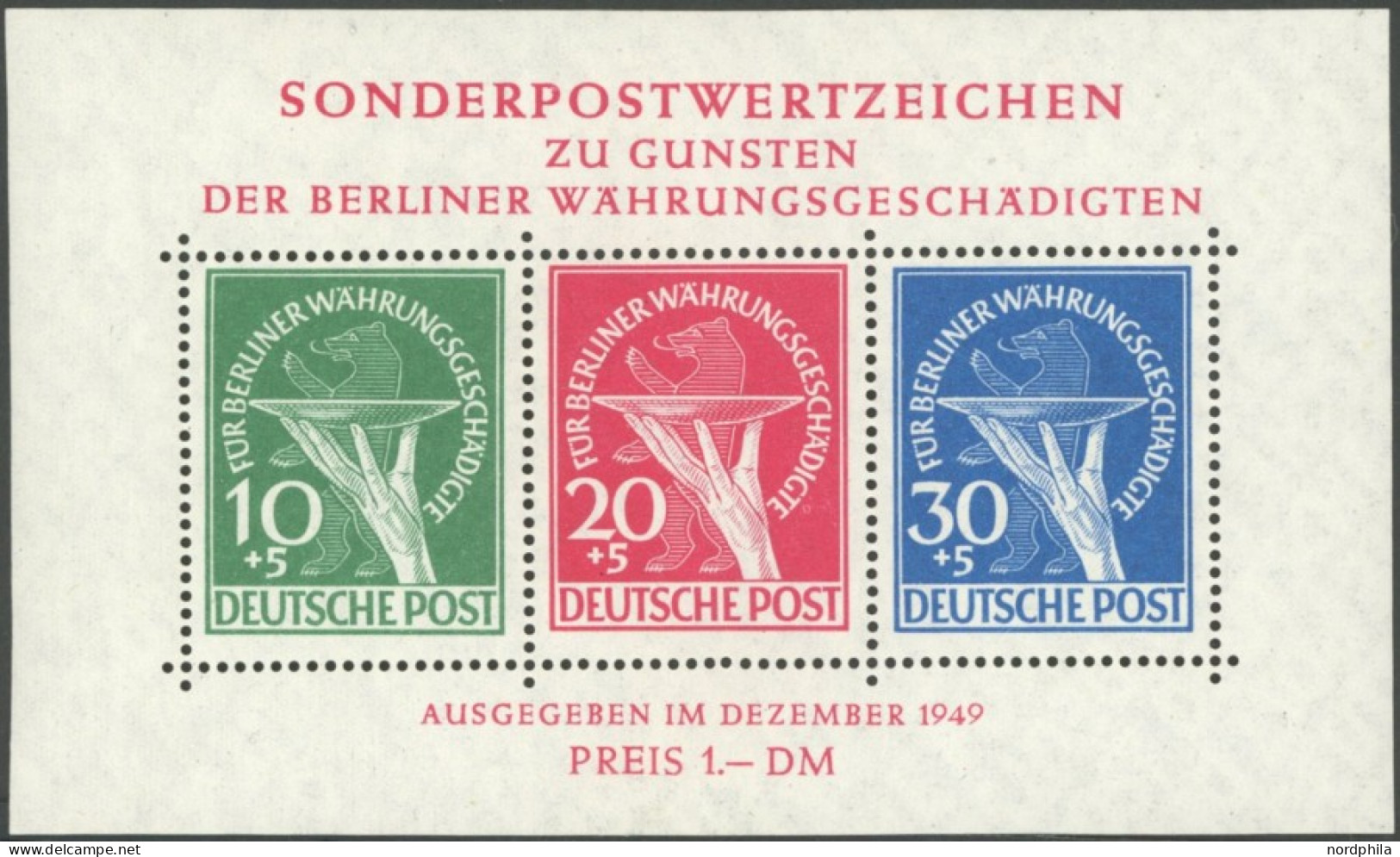 BERLIN Bl. 1 , 1949, Block Währungsgeschädigte, Falzreste Im Rand, Marken Postfrisch Pracht, Mi. 500.- - Autres & Non Classés