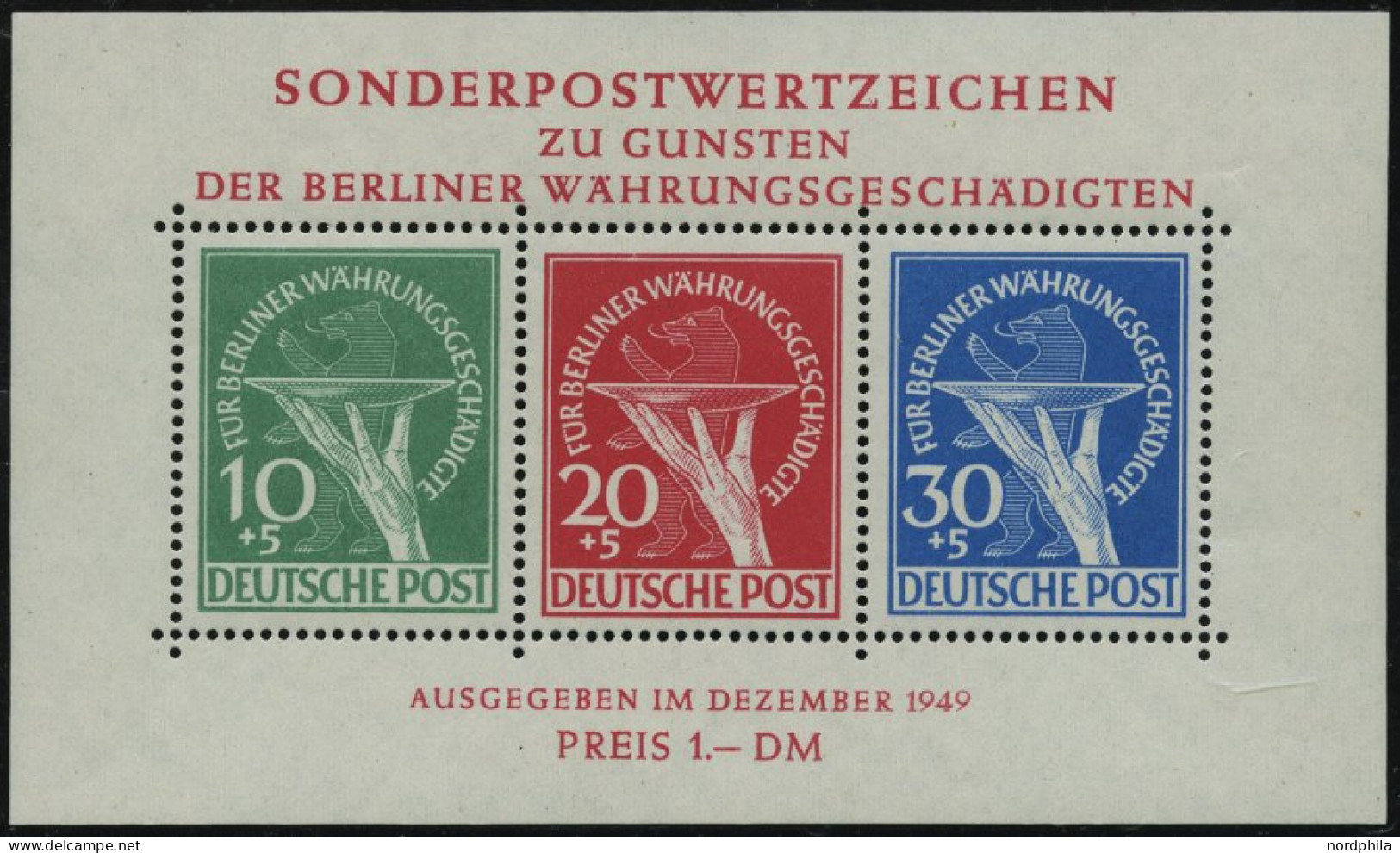 BERLIN Bl. 1III , 1949, Block Währungsgeschädigte Mit Abart Grüner Punkt Rechts Am Handgelenk, Pracht, Gepr. Schlegel, M - Andere & Zonder Classificatie