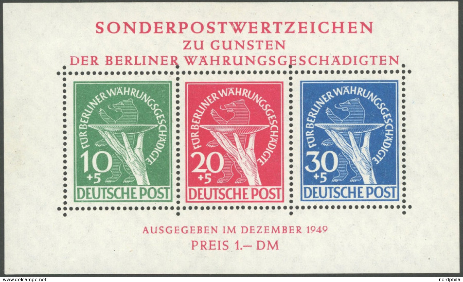 BERLIN Bl. 1III , 1949, Block Währungsgeschädigte Mit Plattenfehler Grüner Punkt Rechts Am Handgelenk, Postfrisch, Prach - Autres & Non Classés