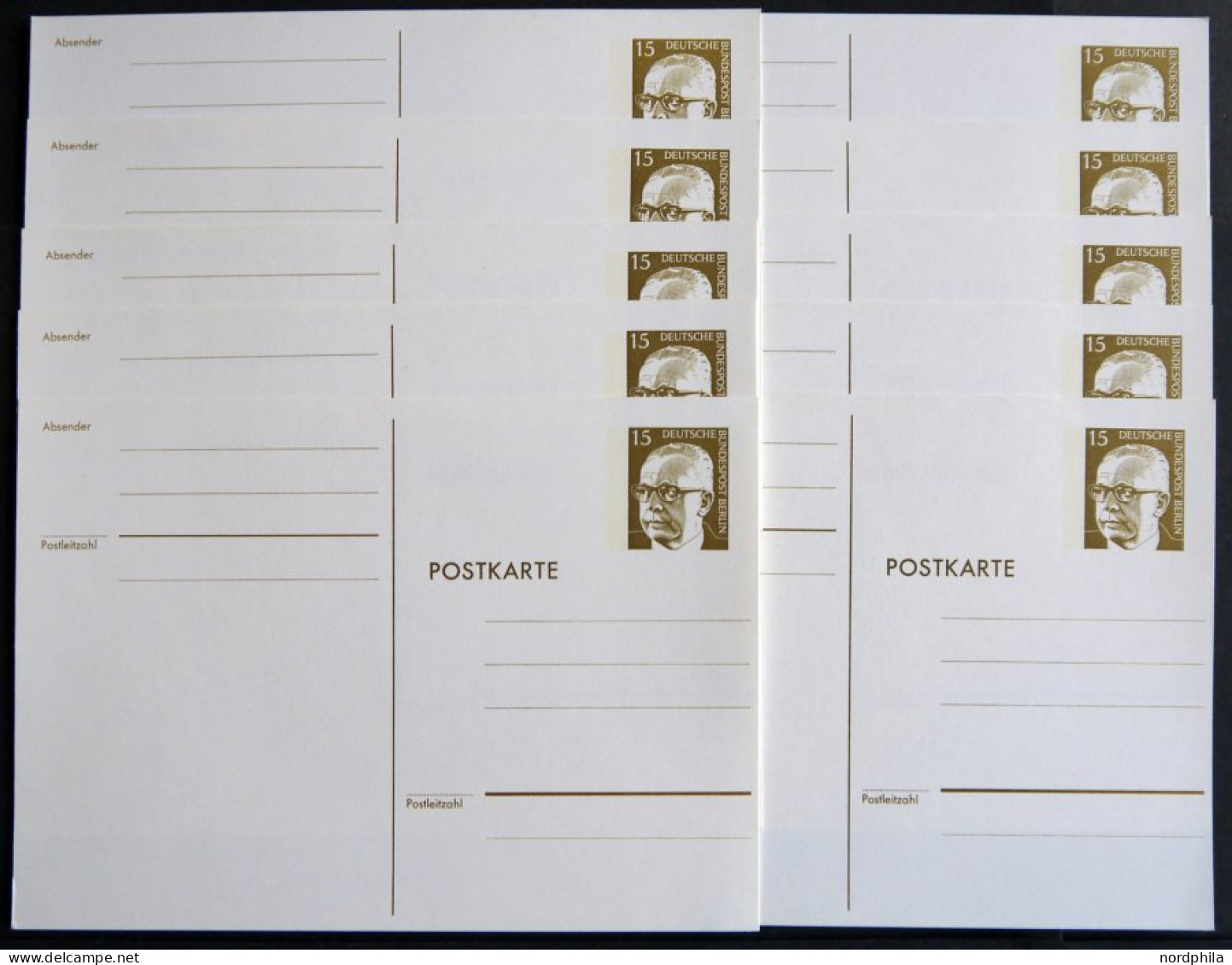 GANZSACHEN P 90b BRIEF, 1973, 15 Pf. Heuss In Dünnen Lettern, Weiß, Ungebraucht, 10 Prachtkarten, Mi. 165.- - Collections