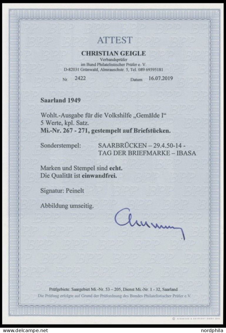 SAARLAND 267-71 BrfStk, 1949, Gemälde I Auf Briefstücken, Sonderstempel IBASA, Prachtsatz, Fotoattest Geigle, Mi. 650.- - Other & Unclassified