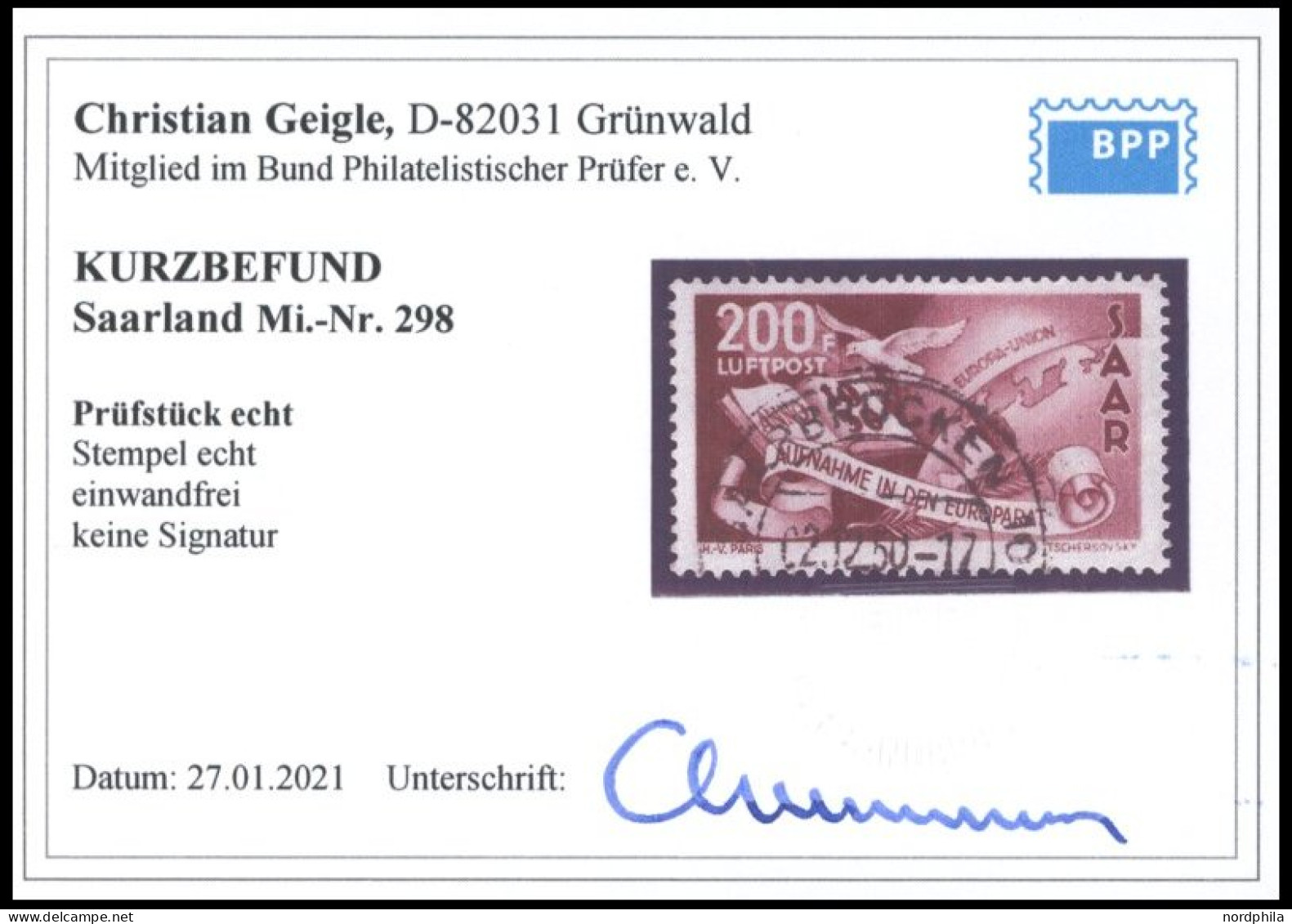 SAARLAND 298 O, 1950, 200 Fr. Flugpost, Pracht, Kurzbefund Geigle, Mi. 310.- - Autres & Non Classés