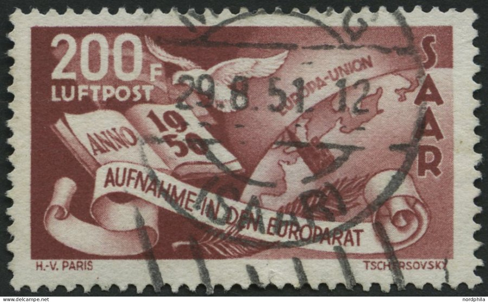 SAARLAND 298 O, 1950, 200 Fr. Europarat, Feinst (kleine Aufrauhung), Gepr. Ney, Mi. 310.- - Other & Unclassified