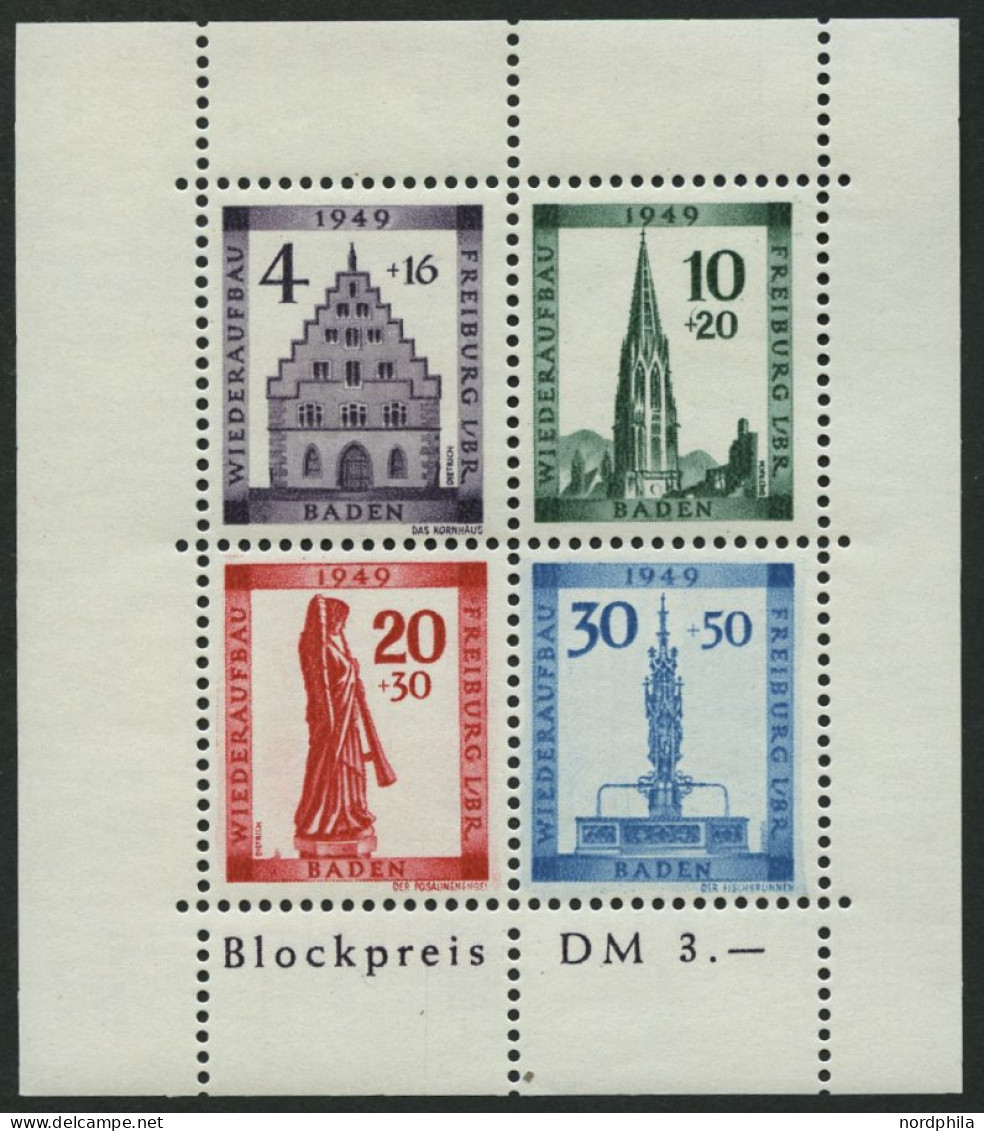 BADEN Bl. 1AI , 1949, Block Freiburg, Gezähnt, Mit Abart Sirene Neben Sockel Des Engels, Feinst, Gepr. Schlegel, Mi. 350 - Other & Unclassified