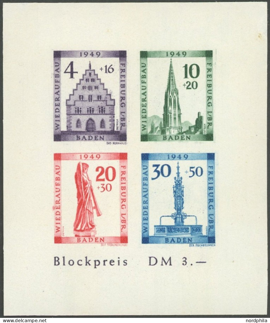 BADEN Bl. 1BV , 1949, Block Freiburg, Ungezähnt, Mit Abart 20 Pf. Mit Balken über Zweitem E In Wiederaufbau, Postfrisch, - Sonstige & Ohne Zuordnung