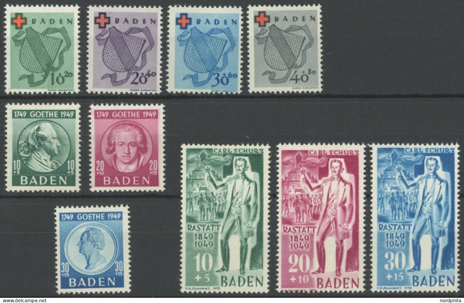 BADEN 42-45,47-52 , 1949, Rotes Kreuz Und Goethe, Falzrest, 3 Prachtsätze, Mi. 87.- - Sonstige & Ohne Zuordnung