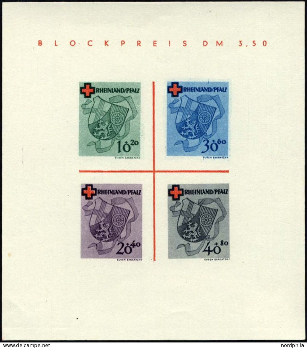 RHEINLAND PFALZ Bl. 1I/V , 1949, Block Rotes Kreuz, Type V: Roter Querbalken Des B In Blockpreis Verdickt, Pracht, Mi. 1 - Sonstige & Ohne Zuordnung