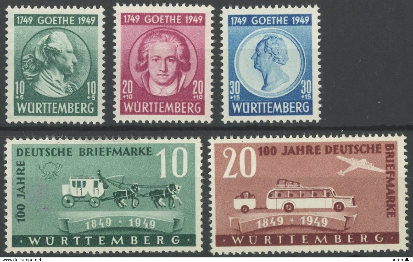 WÜRTTEMBERG 44-46,49/50 , 1949, Goethe Und 100 Jahre Briefmarken, 2 Postfrische Prachtsätze, Mi. 60.- - Andere & Zonder Classificatie