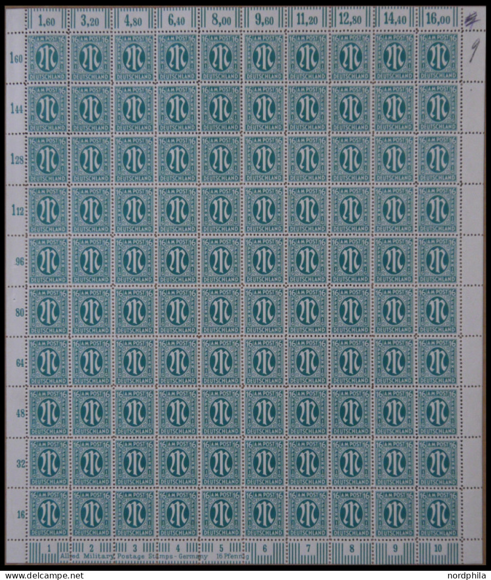 AMERIK. U. BRITISCHE ZONE 25A , 1945, 16 Pf. Dunkelgrünblau, Gezähnt L 11, Im Bogen (100), Postfrisch, Pracht - Other & Unclassified