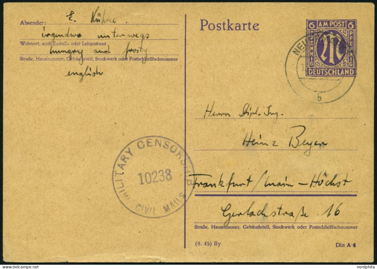 AMERIK. U. BRITISCHE ZONE - GANZSACHEN P 903II03 BRIEF, 1945, 6 Pf. AM-Post, Type II, 4 Geschlossen, Anstrich Der 6 Nach - Sonstige & Ohne Zuordnung