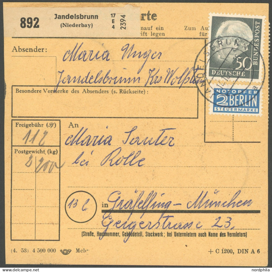 BUNDESREPUBLIK 126 BRIEF, 1954, 6 Pf. Posthorn Im Achterblock Und Waagerechten Paar Rückseitig Mit 50 Pf. Heuss Zusatzfr - Andere & Zonder Classificatie