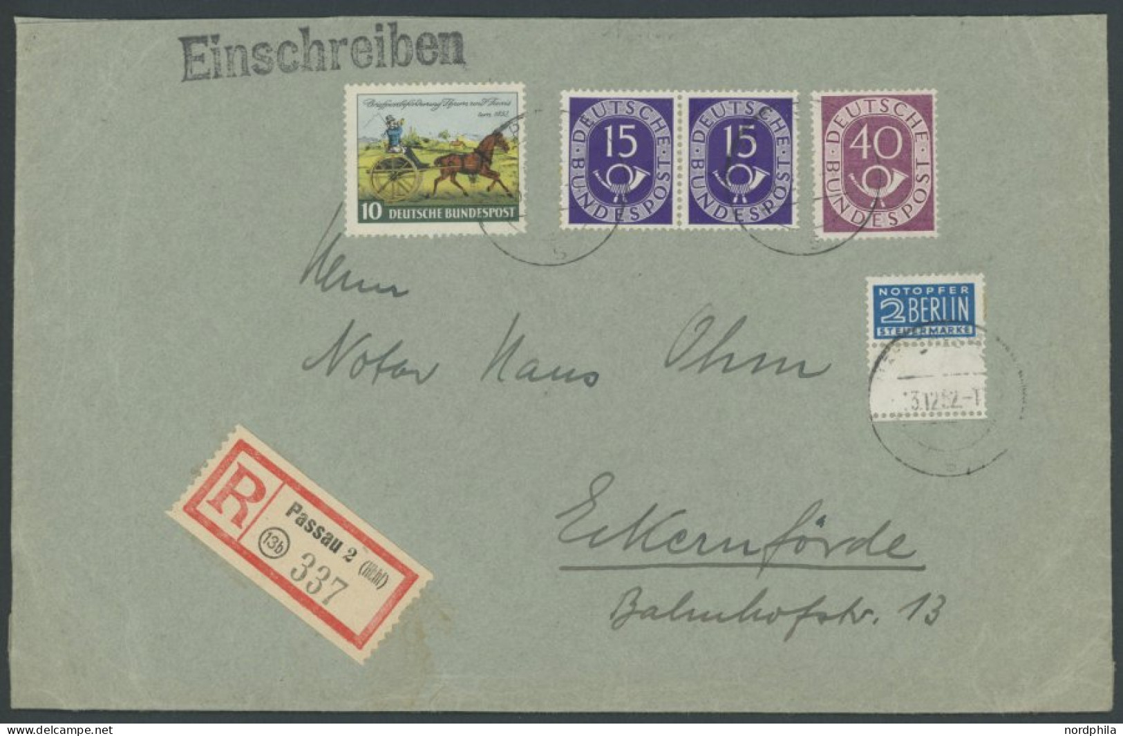 BUNDESREPUBLIK 129 Paar BrfStk, 1952, 15 Pf. Posthorn Im Waagerechten Paar Mit Zusatzfrankatur Auf Bedarfs-Einschreibbri - Covers & Documents