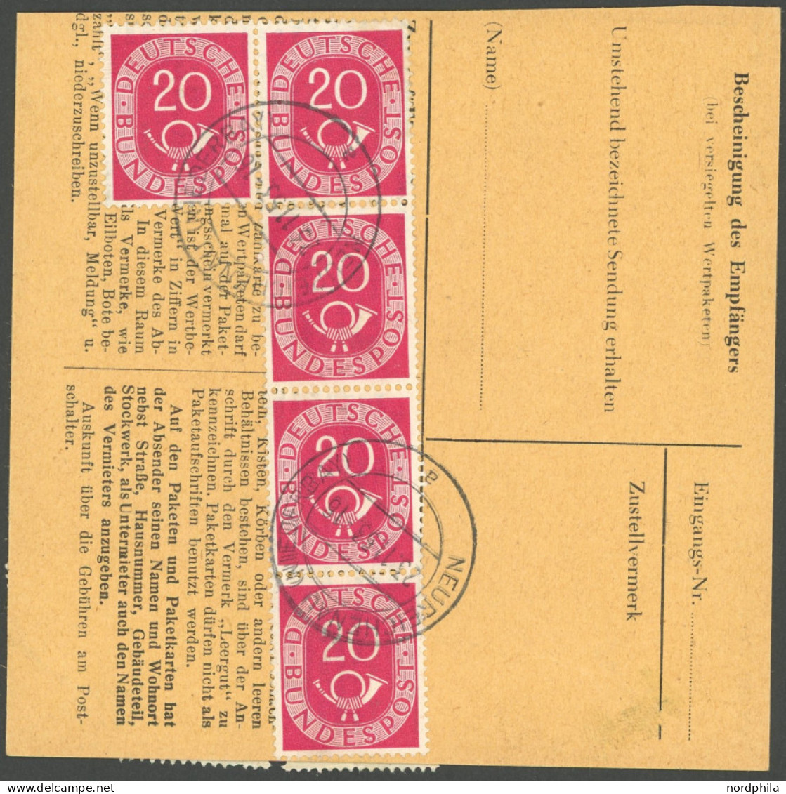BUNDESREPUBLIK 130 BRIEF, 1954, 20 Pf. Posthorn Im Fünferblock (rückseitig) Und Zusatzfrankatur Auf Paketkarte Aus NEURE - Otros & Sin Clasificación