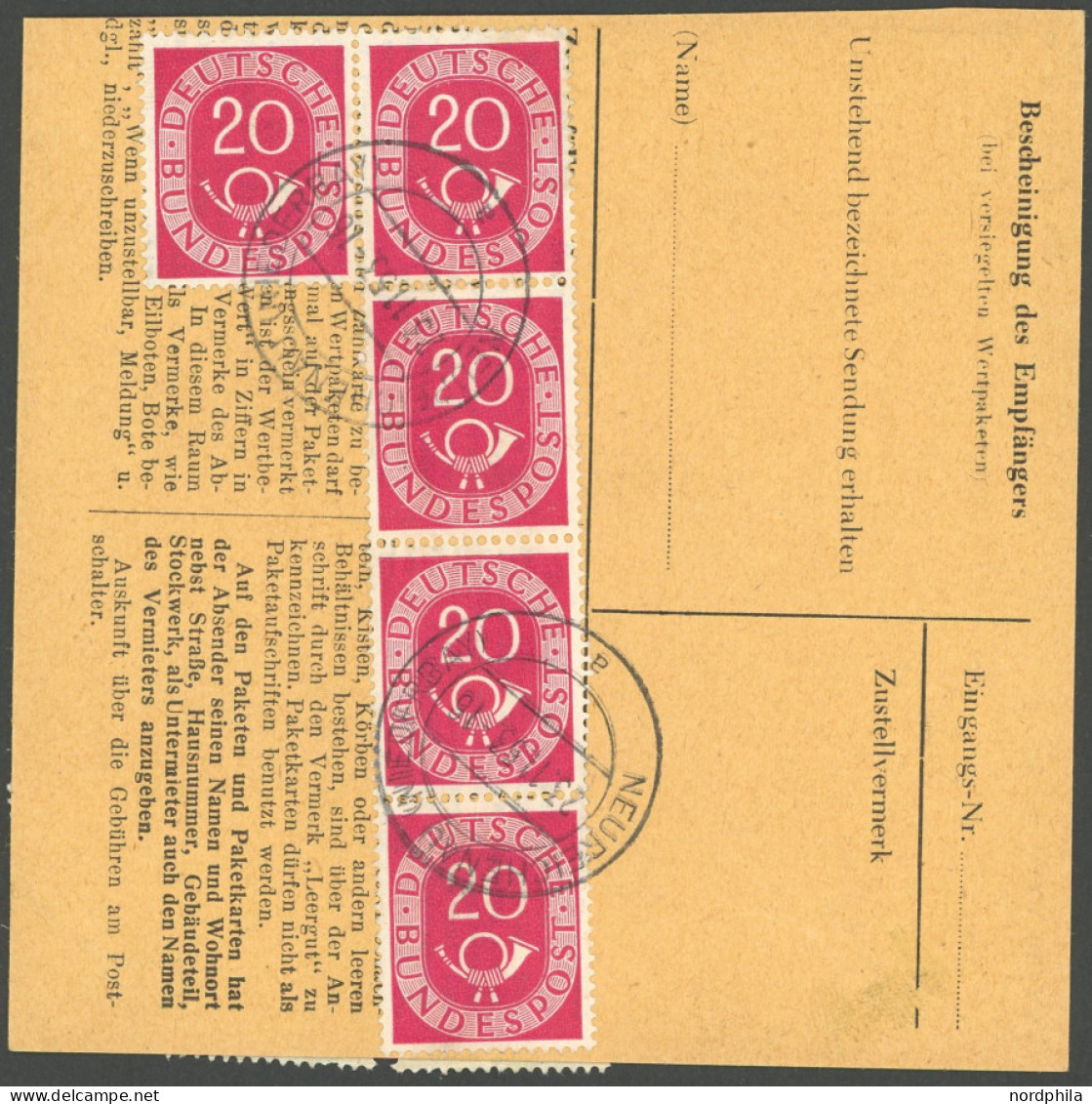 BUNDESREPUBLIK 130 BRIEF, 1954, 20 Pf. Posthorn Im Fünferblock (rückseitig) Und Zusatzfrankatur Auf Paketkarte Aus NEURE - Sonstige & Ohne Zuordnung