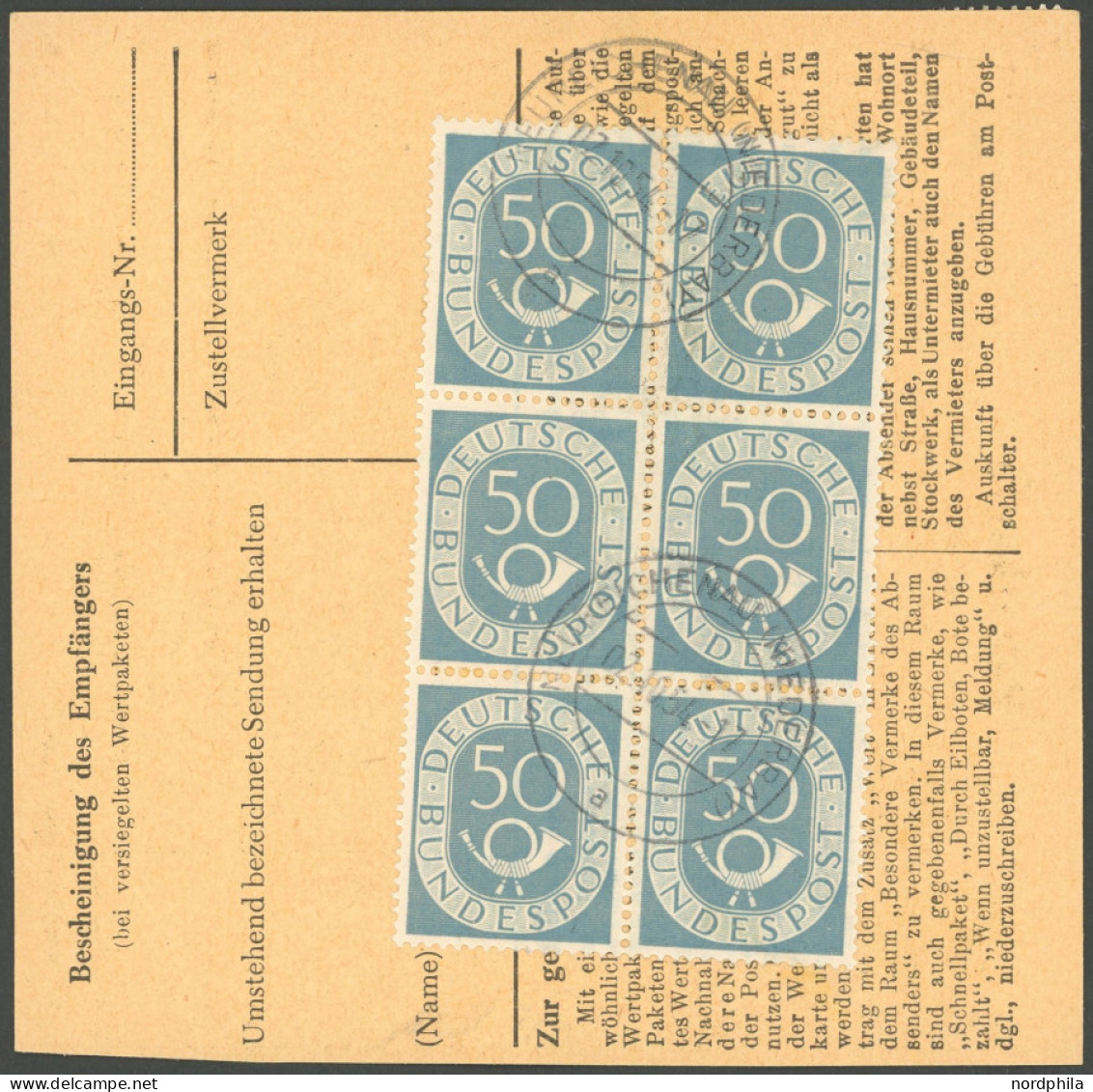 BUNDESREPUBLIK 134 BRIEF, 1954, 50 Pf. Posthorn Im Senkrechten Sechserblock Rückseitig Auf Paketkarte Mit 10 Pf. Zusatzf - Sonstige & Ohne Zuordnung