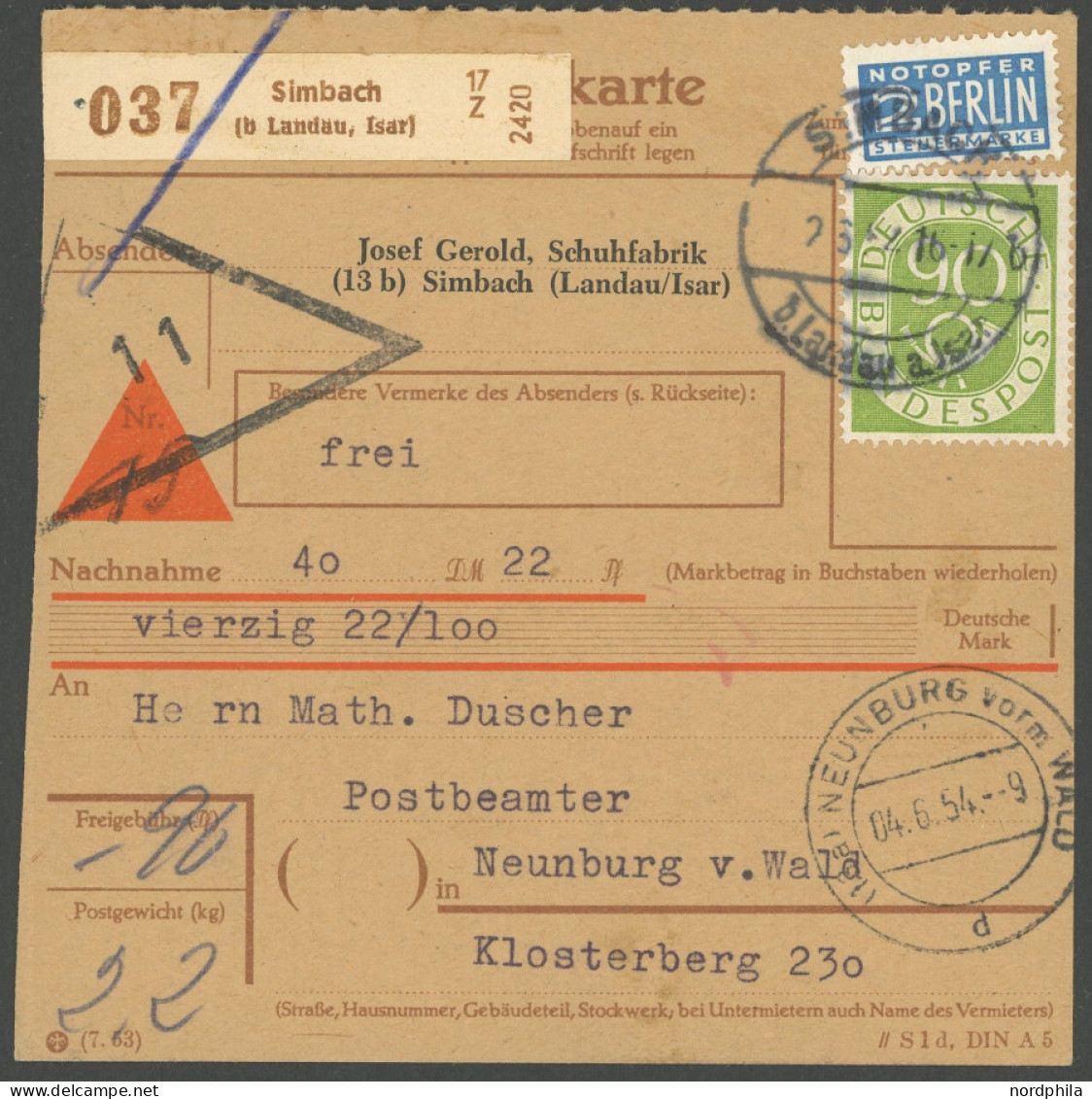 BUNDESREPUBLIK 138 BRIEF, 1954, 90 Pf. Posthorn, Einzelfrankatur Auf Nachnahme-Paketkarte Aus SIMBACH, Pracht - Andere & Zonder Classificatie