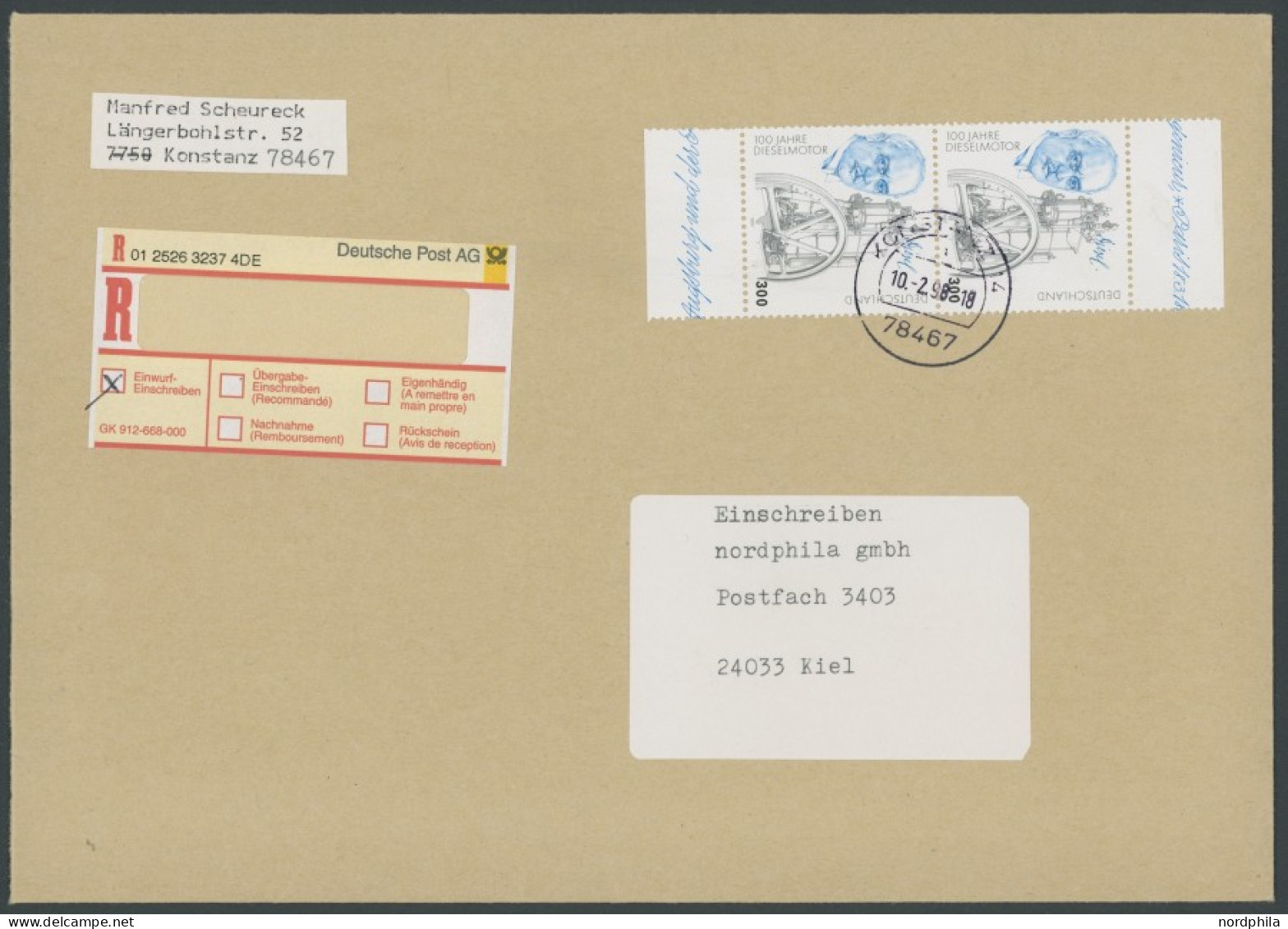 BUNDESREPUBLIK 1942 BRIEF, 1998, 300 Pf. 100 Jahre Dieselmotor Im Senkrechten Paar Als Mehrfachfrankatur Auf Einwurf-Ein - Storia Postale