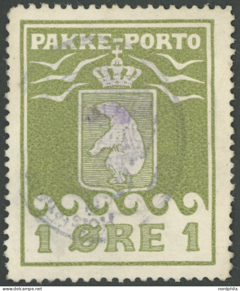 GRÖNLAND - PAKKE-PORTO 1 O, 1905, 1 Ø Oliv, Zarter Violetter Wappenstempel KOLONIEN HOLSTENBORG, üblich Gezähnt Pracht,  - Spoorwegzegels