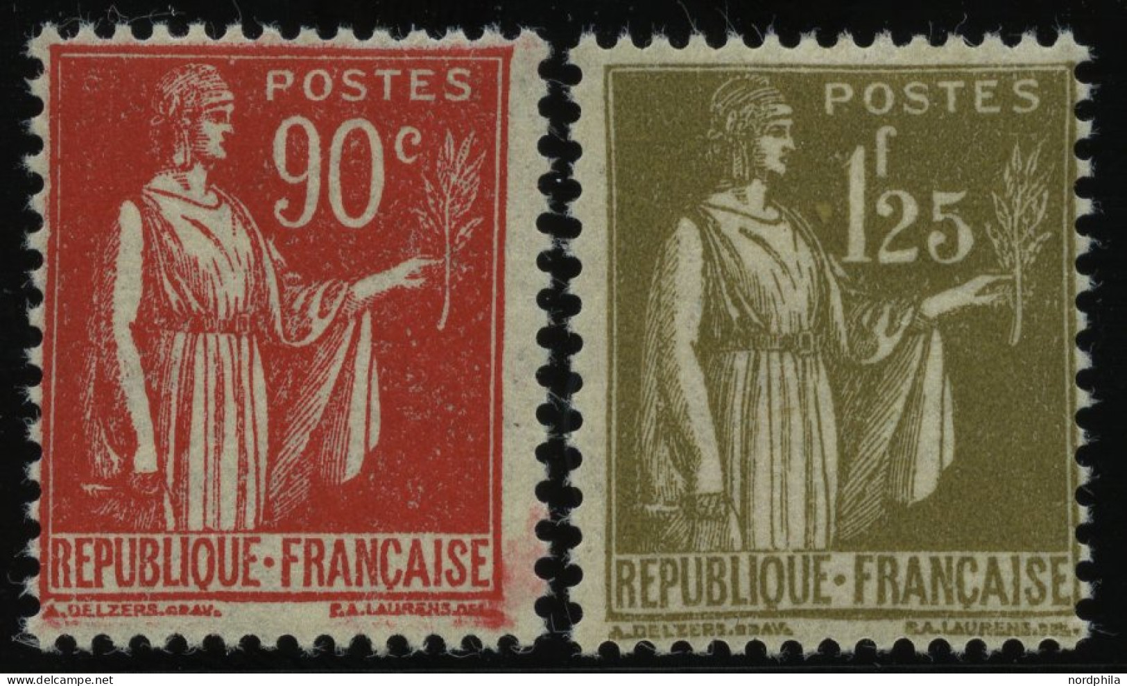 FRANKREICH 279,281 , 1932, 90 C. Dunkelrot Und 1.25 Fr. Dunkeloliv, Falzrest, 2 Prachtwerte - Sonstige & Ohne Zuordnung