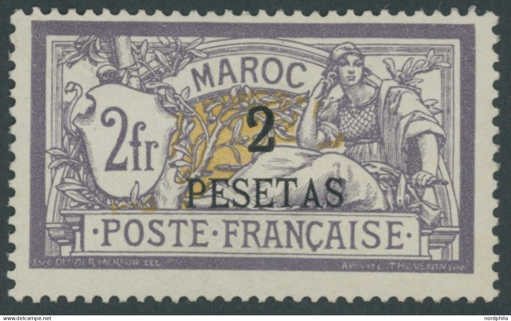 FRANZ.POST IN MAROKKO 17 , 1902, 2 Pta. Auf 2 Fr. Violett/gelb, Falzrest, Pracht, Mi. 140.- - Autres & Non Classés