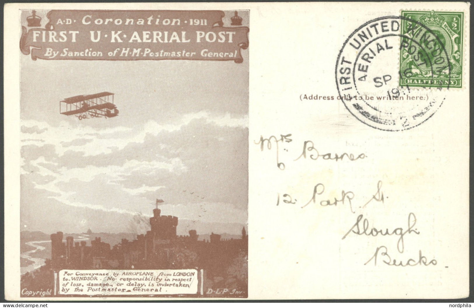 GROSSBRITANNIEN 121 BRIEF, 1911, 1/2 P. König Georg V Auf First U.K. AERIAL POST, Dunkelbraune Sonderkarte Mit 34-zeilig - Sonstige & Ohne Zuordnung