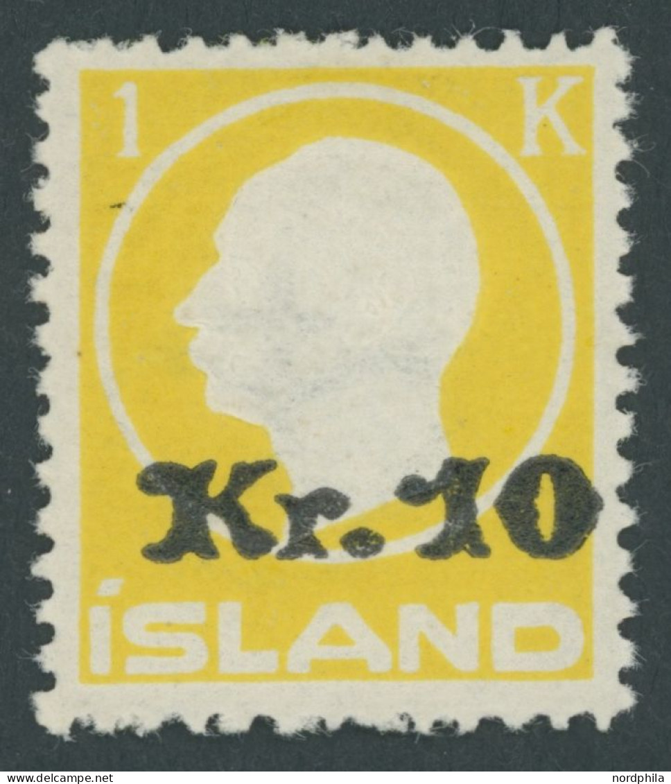 ISLAND 111 , 1924, 10 Kr. Auf 1 Kr. Gelb, Rauhe Zähnung, Postfrisch, Pracht, Mi. 900.- - Other & Unclassified