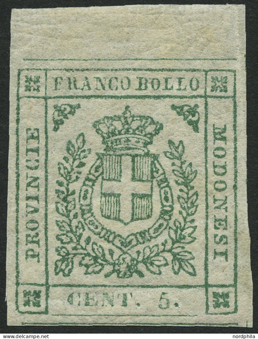 MODENA 7a , 1859, 5 C. Grün, Oberrandstück, Breitrandig, Falzrest, Pracht, Gepr. Drahn, Mi. 1200.- - Modène