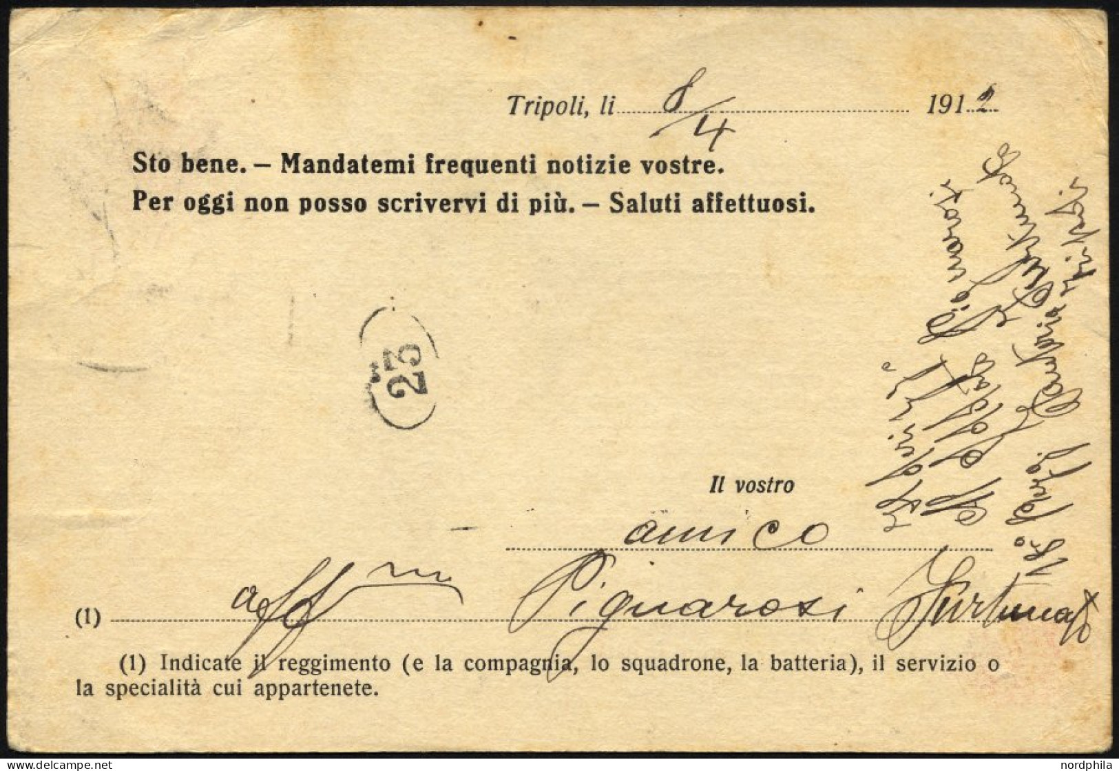 MILITÄRPOST 1912, Feldpoststempel DIVISIONE TRIPOLITANIA Auf Seltener Feldpost-Vordruckkarte (Vordruck Zu Deutsch: Es Ge - Military Mail (PM)