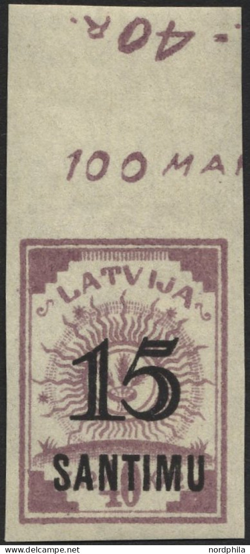 LETTLAND 114U , 1927, 15 S. Auf 40 K. Lila, Ungezähnt, Oberrandstück, Pracht, RR! - Lettland