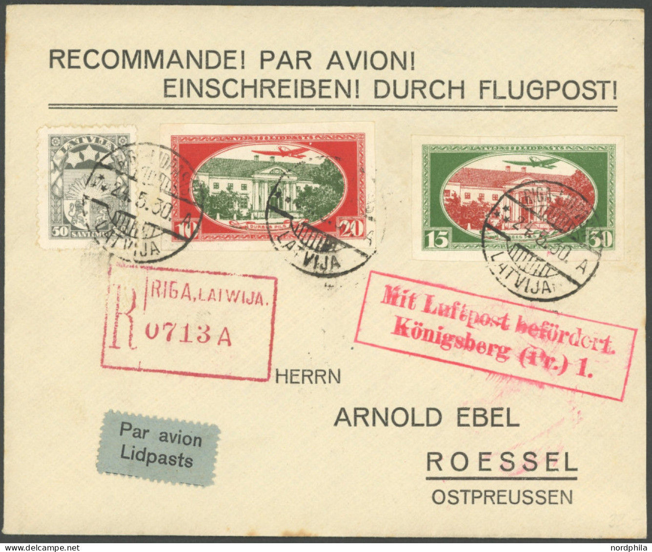 LETTLAND 159/60B BRIEF, 1930, Rainis Fond, Ungezähnt, Mit 50 S. Zusatzfrankatur Auf Luftpost-Einschreibbrief Von RIGA Na - Lettland