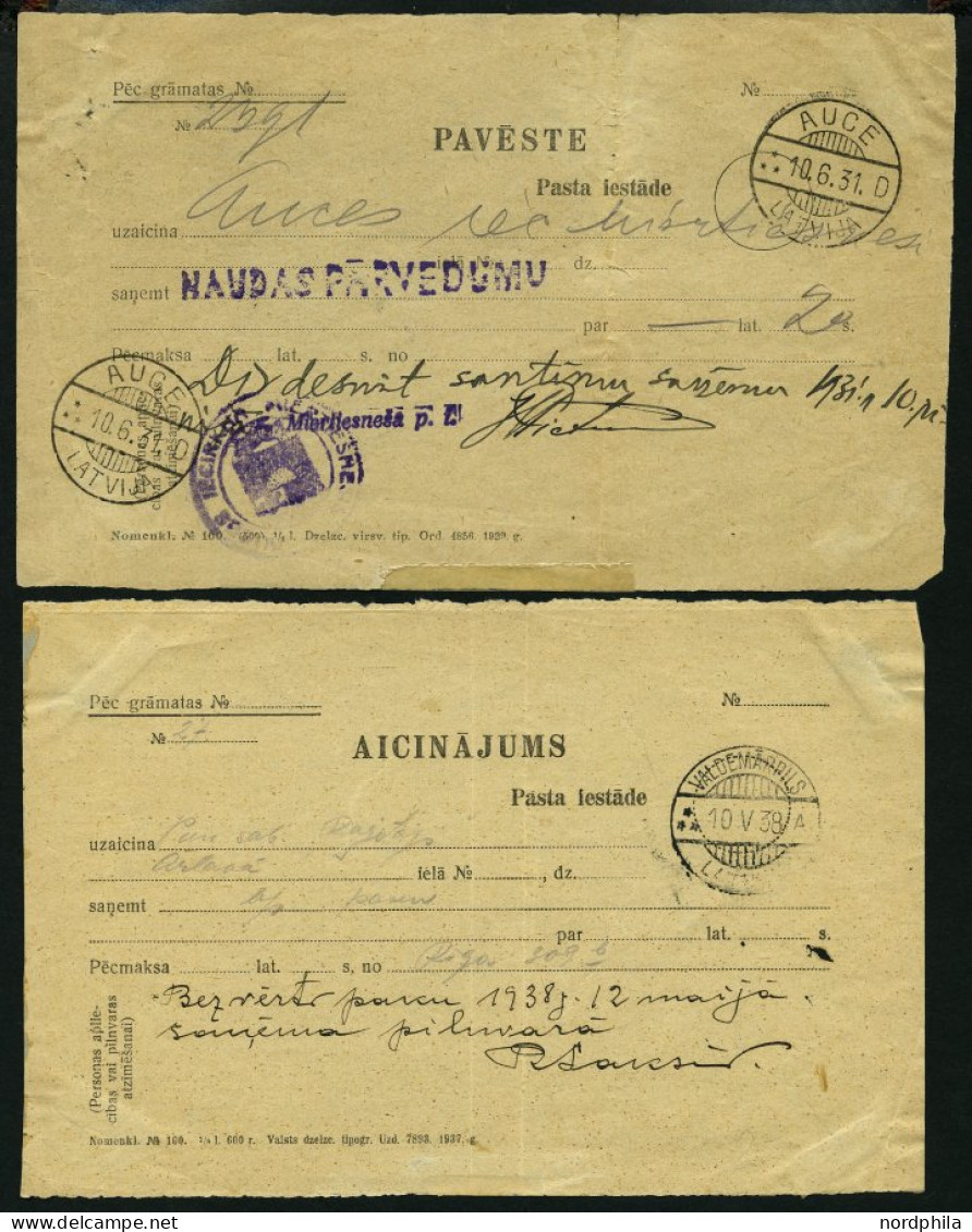 LETTLAND 1931/8, PAVESTE Und AICINAJUMS, 2 Benachrichtigungsscheine, Feinst/Pracht - Letland