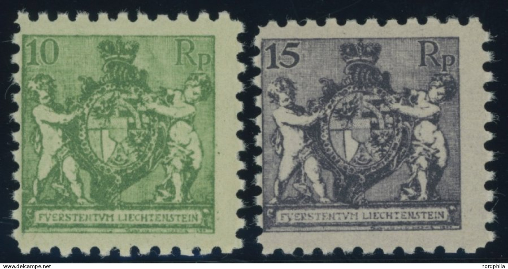 LIECHTENSTEIN 50A,52A , 1921, 10 Rp. Dunkelgelblichgrün Und 15 Rp. Schwarzgrauviolett, Gezähnt L 91/2, Postfrisch, 2 Pra - Andere & Zonder Classificatie