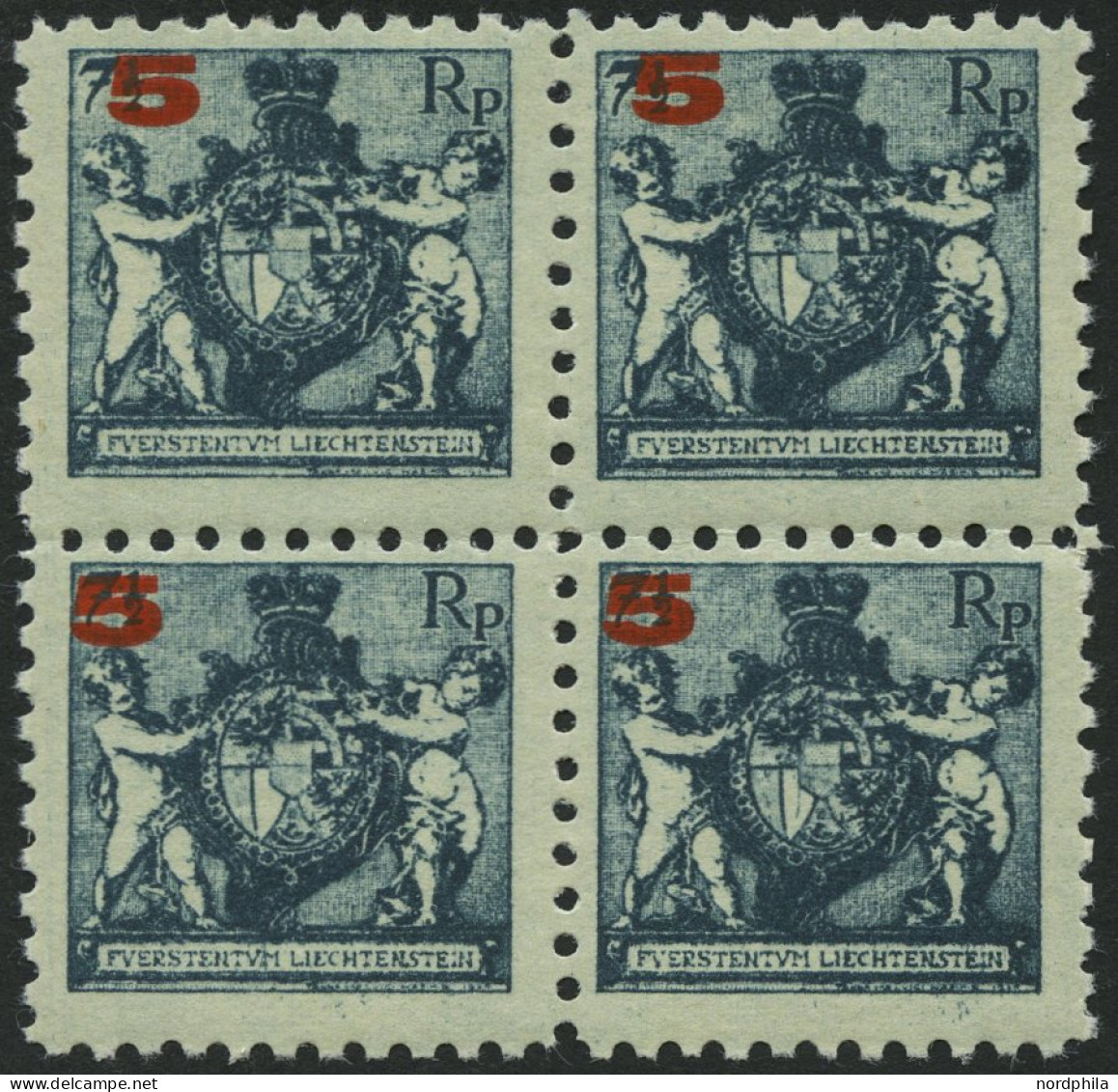 LIECHTENSTEIN 61A VB , , 1924, 5 Auf 71/2 Rp. Schwarzblau, Gezähnt L 91/2, Im Viererblock, 2 Marken Postfrisch, Pracht - Other & Unclassified
