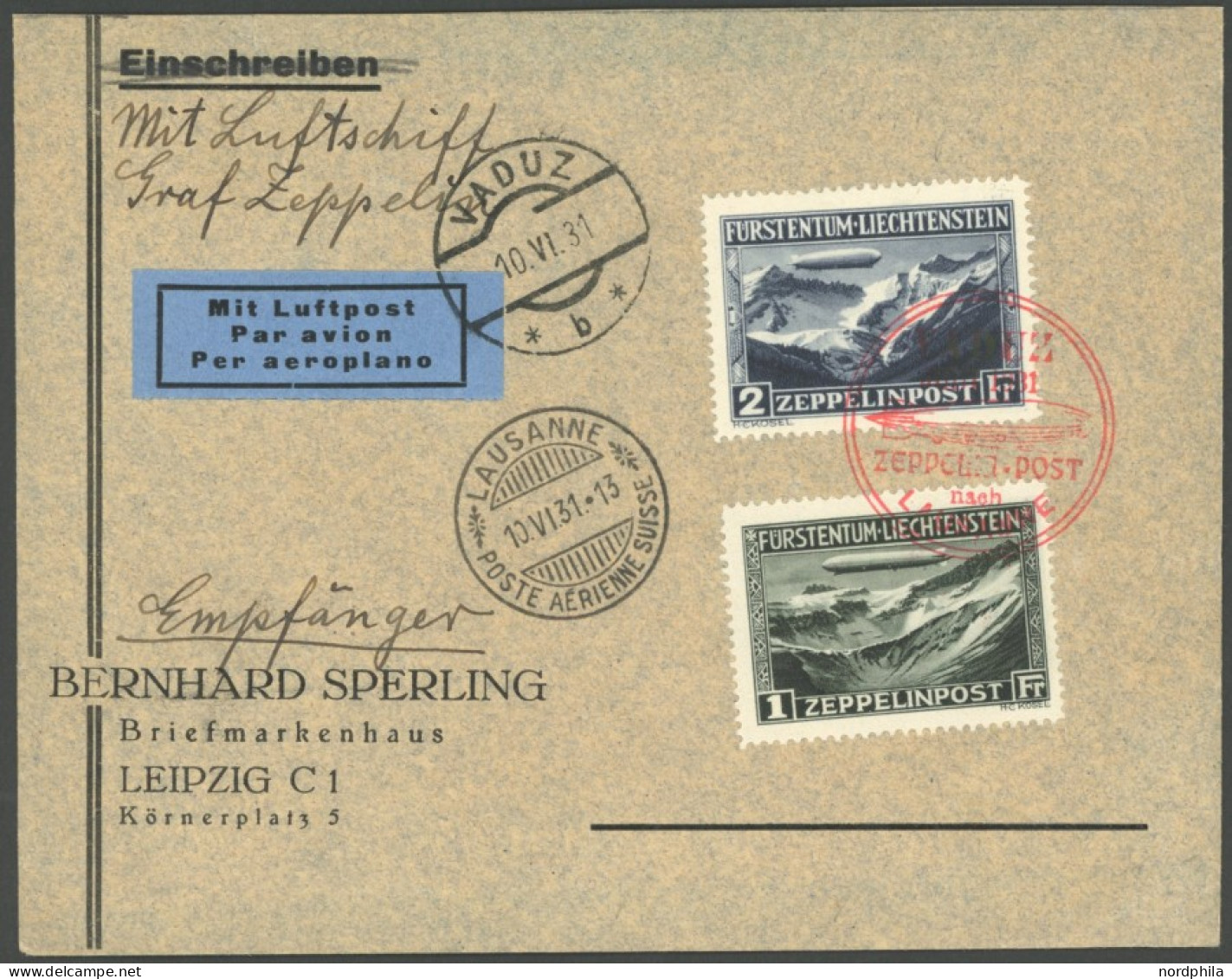 LIECHTENSTEIN 114/5 BRIEF, 1931, Graf Zeppelin Mit Rotem Sonderstempel Auf Zeppelinbrief, Pracht - Autres & Non Classés