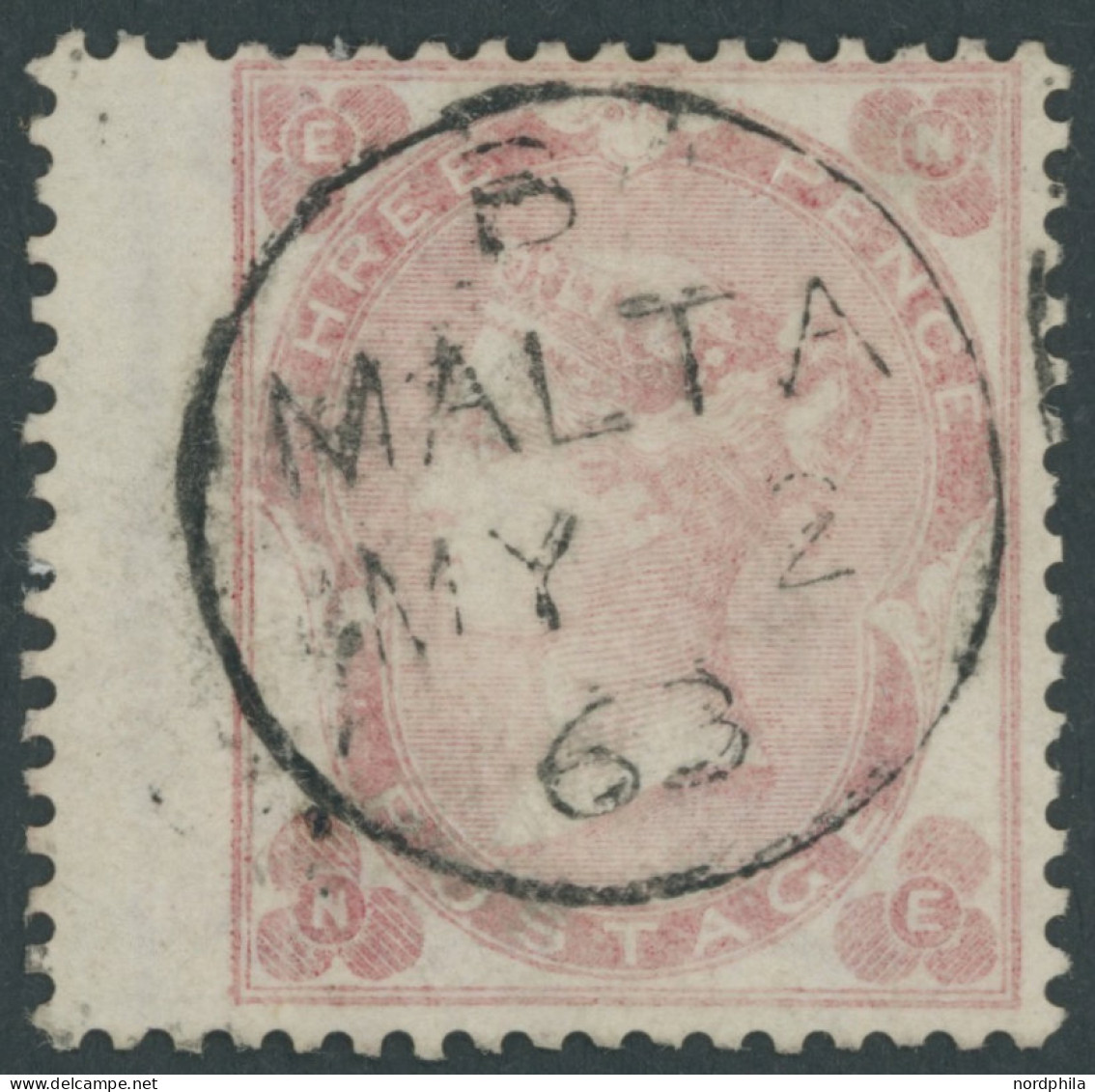 MALTA GB 18 O, Vorläufer: 1863, 3 P. Blaßkarminrosa (SG 77) Mit Breitrand, Zentrischer Stempel B MALTA, Feinst - Malta