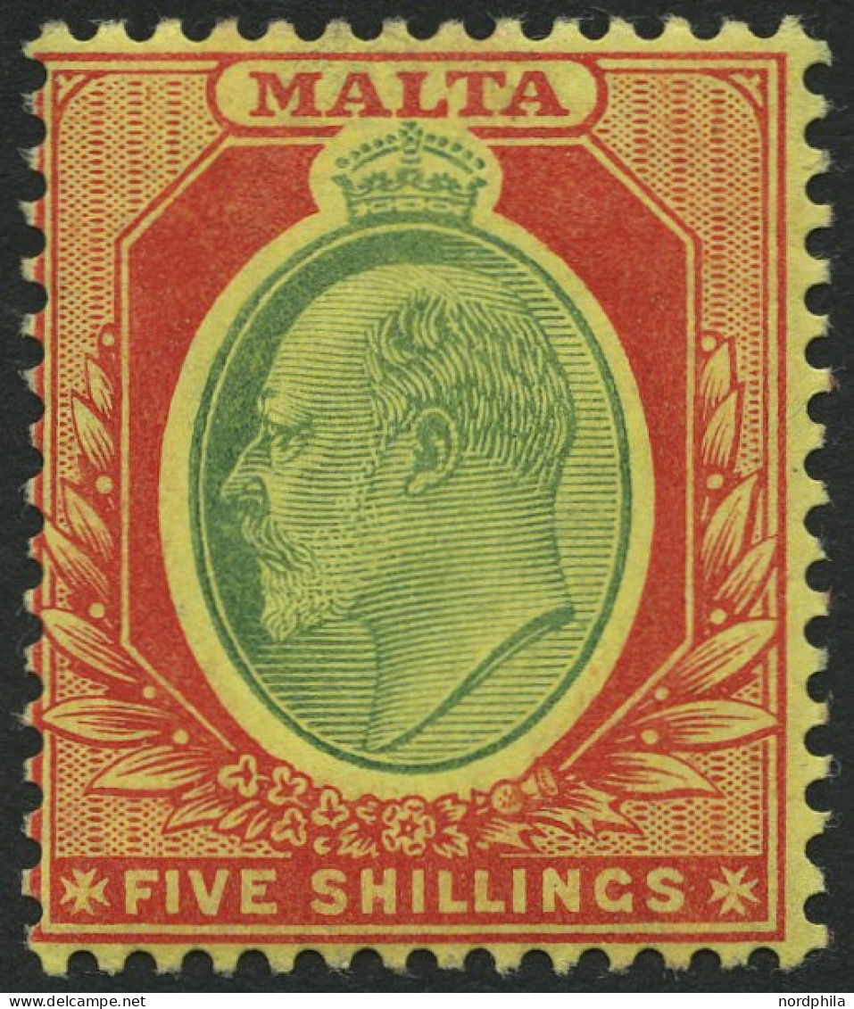 MALTA 40 , 1911, 5 Sh. Karmin/hellgrün Auf Gelb, Falzrest, Pracht, Mi. 90.- - Malta