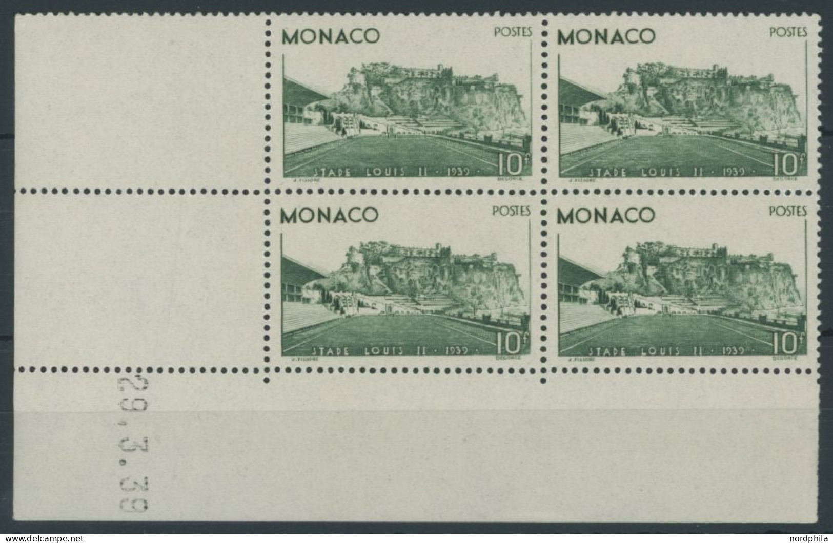 MONACO 189 VB , 1939, 10 Fr. Louis-II. Stadion Im Viererblock Aus Der Bogenecke Mit Druckdatum, Pracht, Mi. (680.-) - Sonstige & Ohne Zuordnung