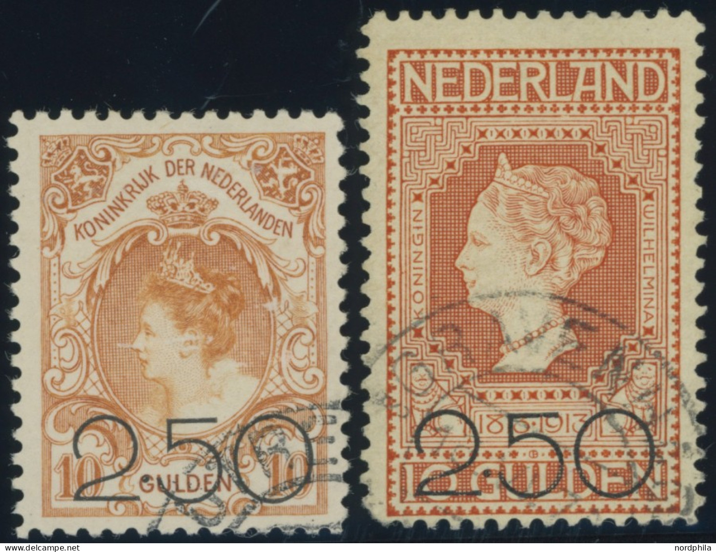 NIEDERLANDE 99/100 O, 1920, 2.50 G. Auf 10 G. Dunkelorange Und Rotorange, 2 Prachtwerte, Mi. 200.- - Autres & Non Classés