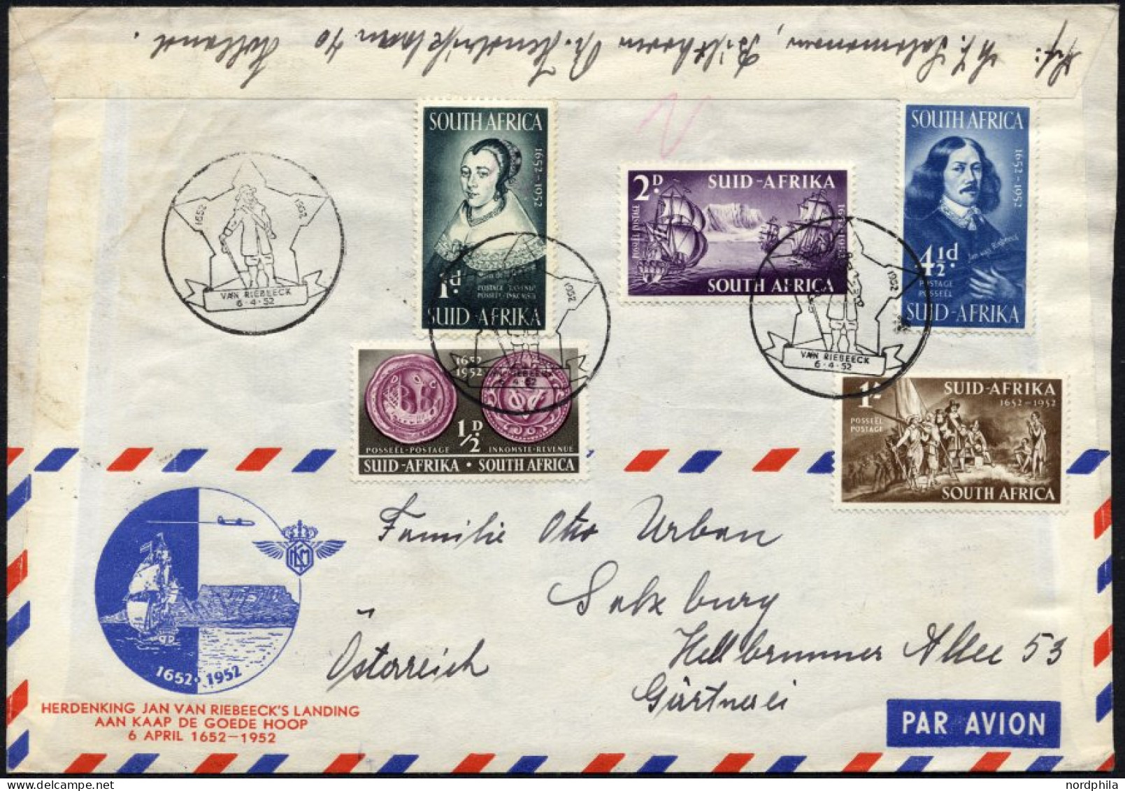 NIEDERLANDE 583-86 BRIEF, 25.3.52, Jan Van Riebeeck-Flug AMSTERDAM-KAPSTADT Und Zurück, Rückseite Mit Bunter Südafrika-F - Airmail